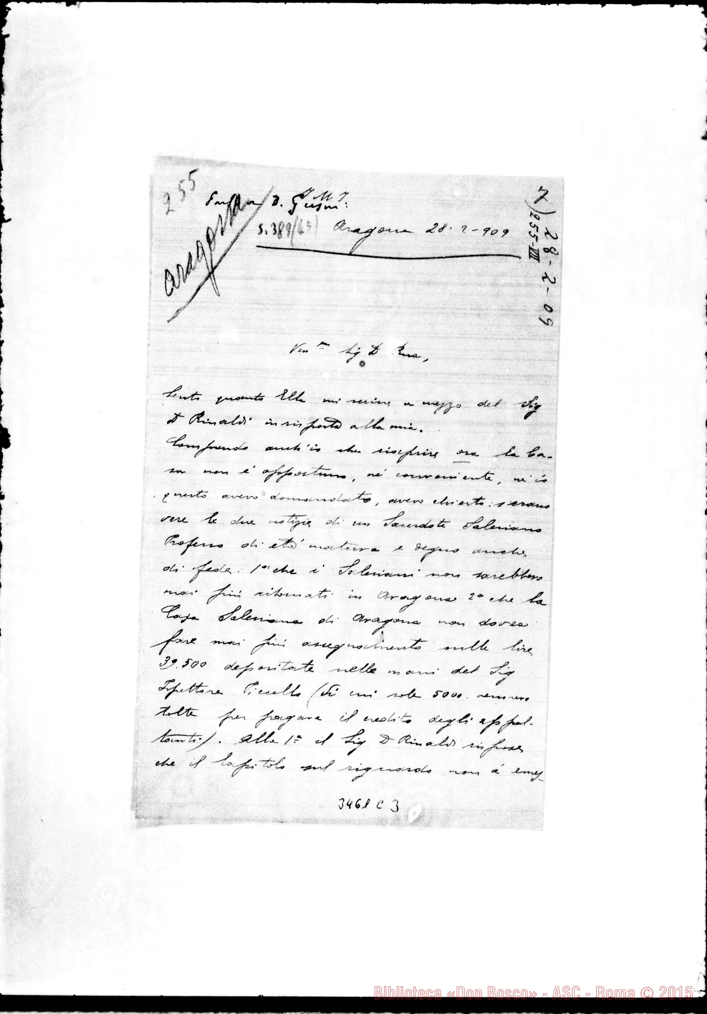 Fotogramma C 3 — Don Vincenzo Gandolfo-Don Rua. Aragona, 28-02-1909 Autogr. Rua