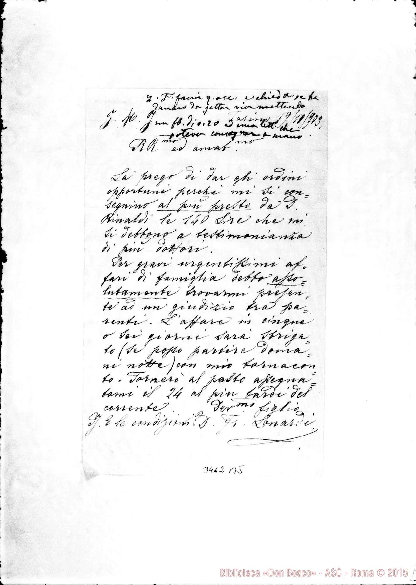 Fotogramma B 5 — Don Fr. Lonardi-Rev.mo. Torino, 19-10-1903 Autogr. Rua