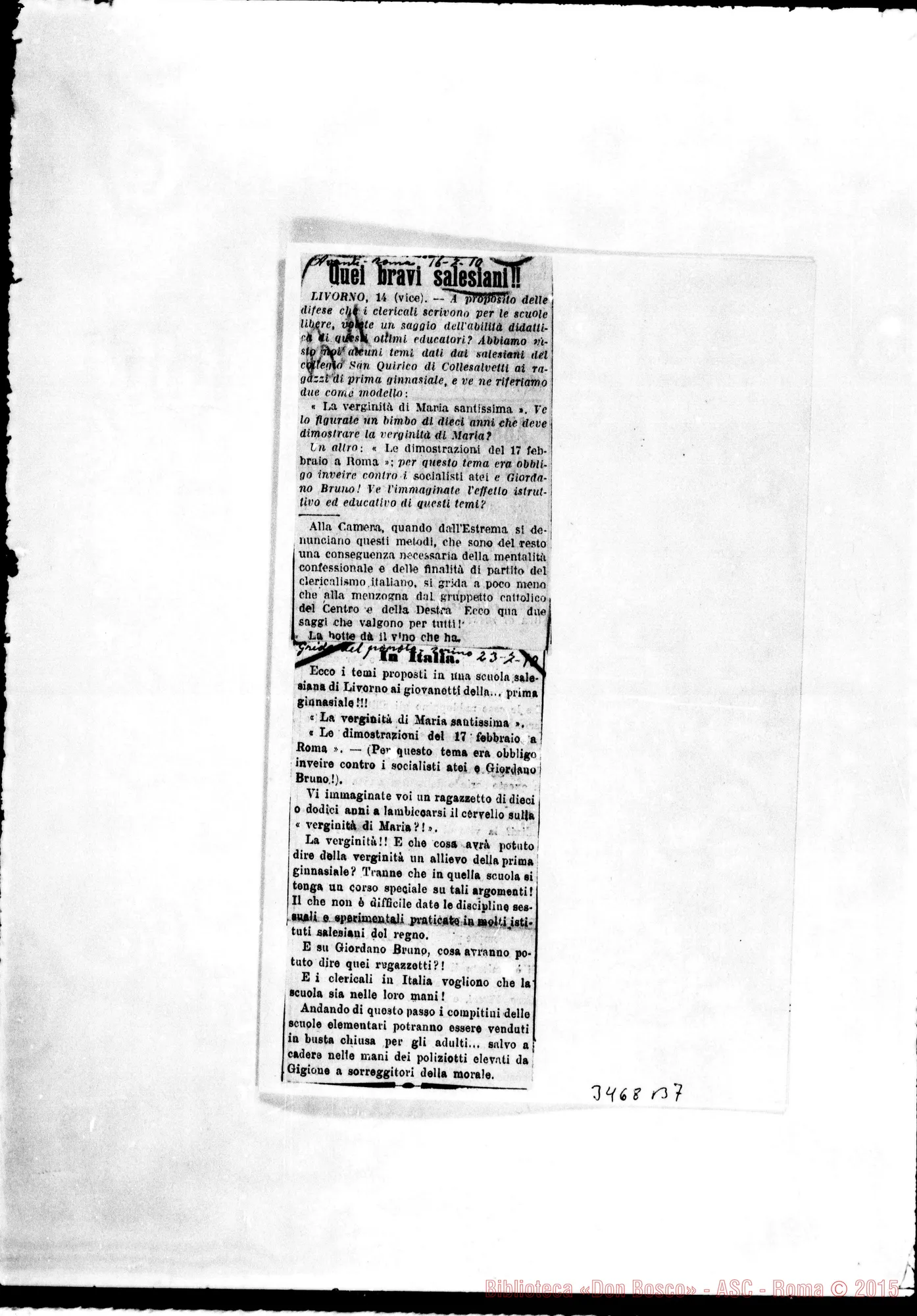Fotogramma B 7 — Don Signorelli-Rev.mo Segretario. Collesalvetti, 19-07-1910