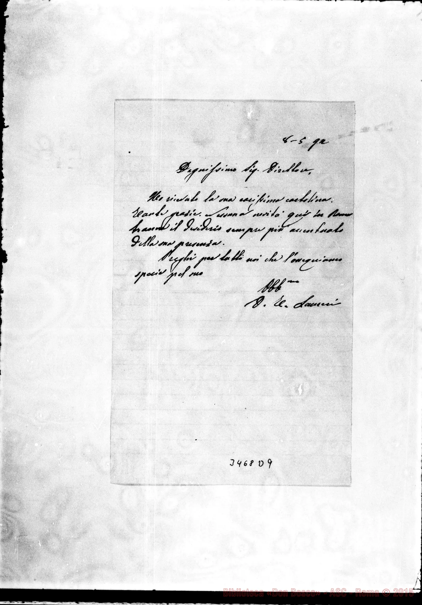 Fotogramma D 9 — Don Adolfo Barsotti-Don Cagliero, con postilla di D. Laureri, il 7-05-1892
