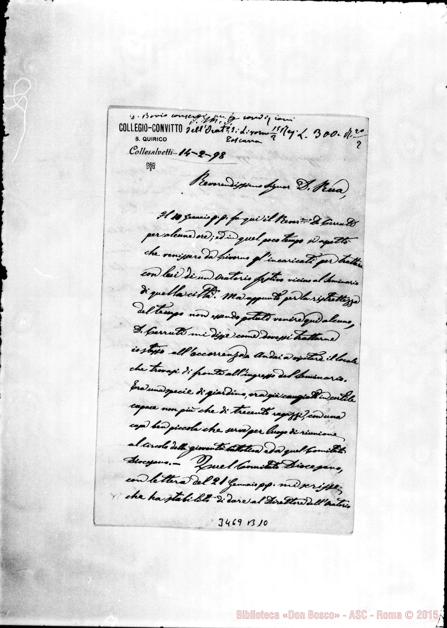 Fotogramma B 10 — Don Severino Zanone-Don Rua. Collesalvetti, 14-02-1898 Autogr. Rua