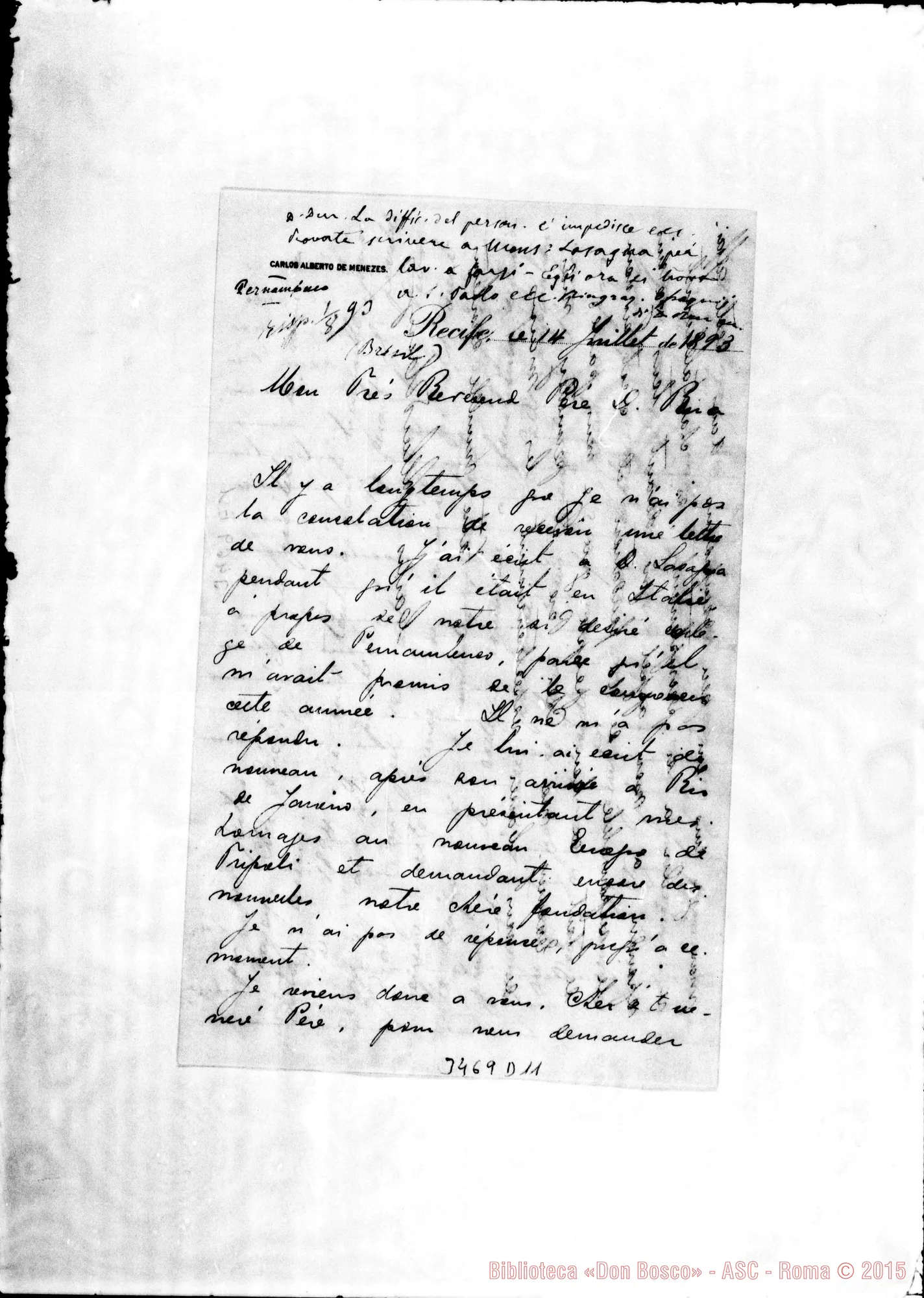 Fotogramma D 11 — Carlos Alberto de Menezes-Don Rua. Recife, 14-07-1893 Autogr. Rua