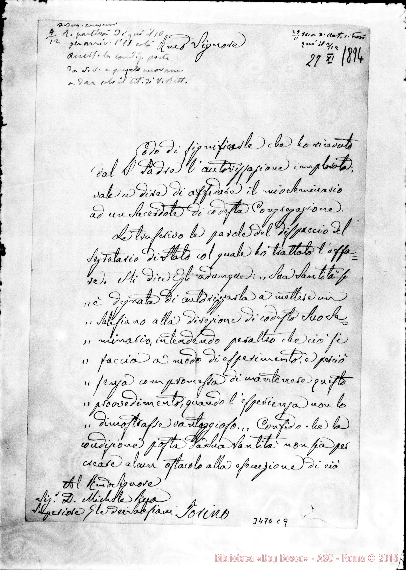 Fotogramma C 9 — Tullio Sericei, vesc.-Don Rua. Comacchio, 27-11-1894 Autogr. Rua
