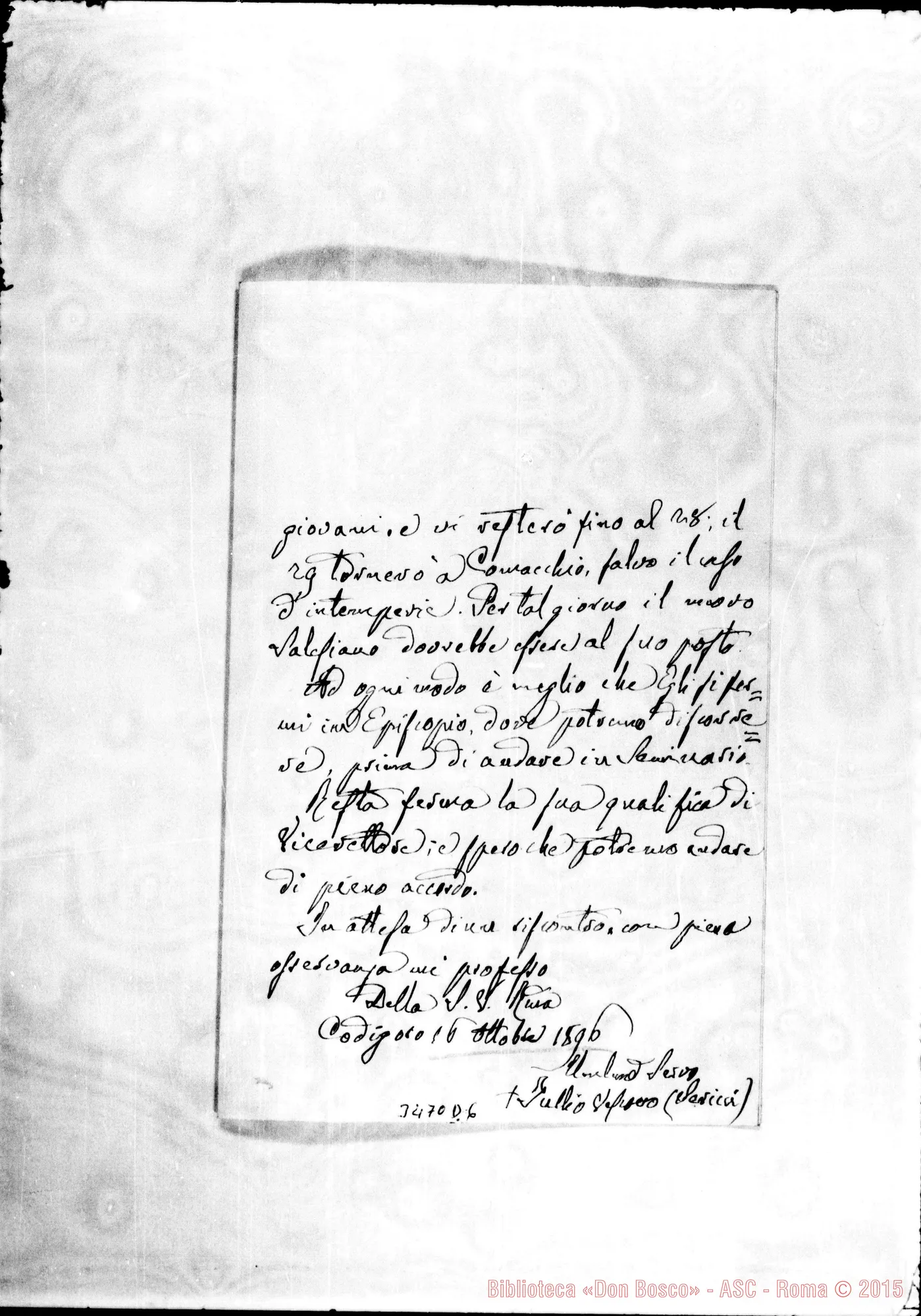 Fotogramma D 6 — Tullio Sericei, vesc.-Don Rua. Comacchio, 16-10-1896 Autogr. Rua