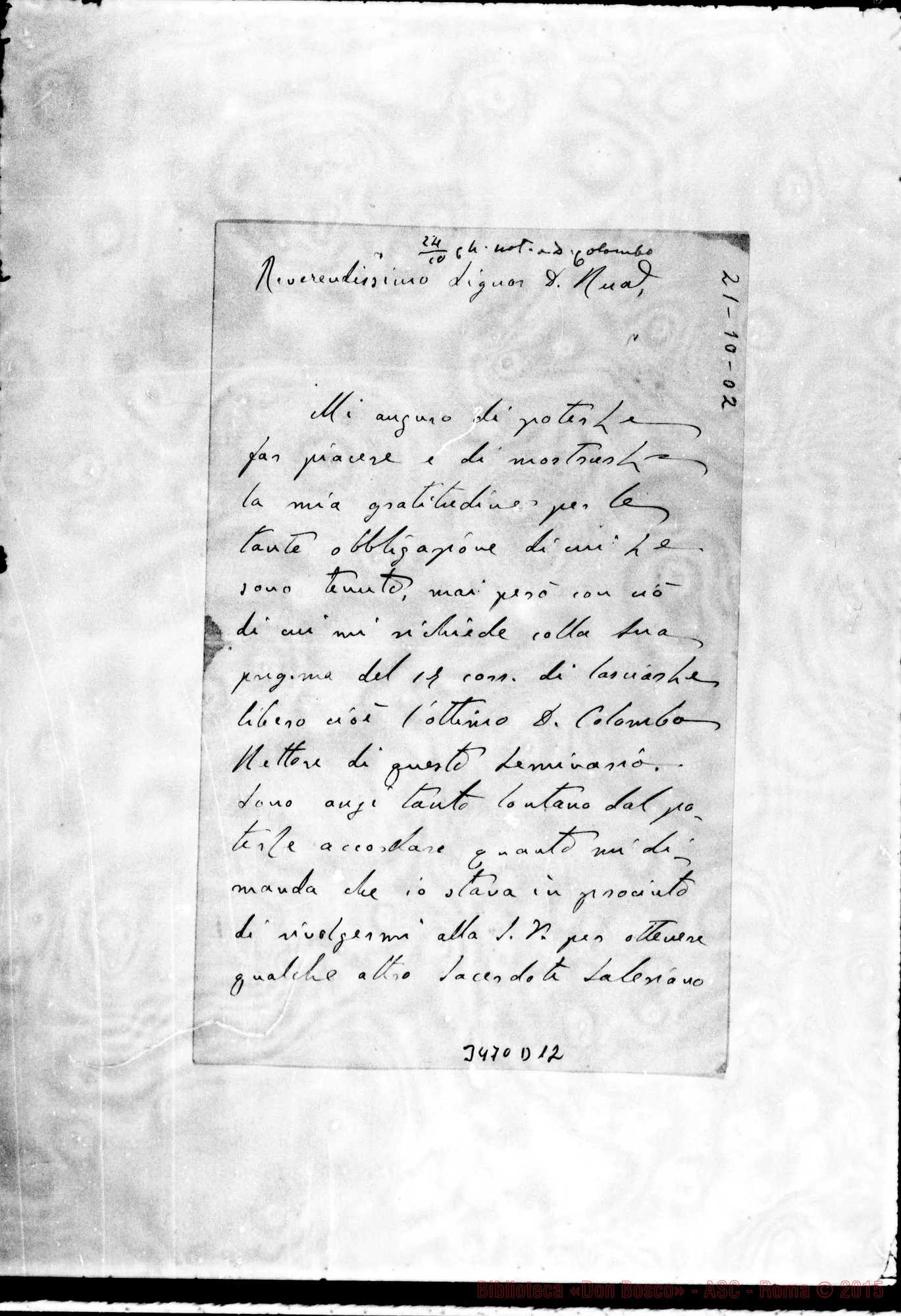 Fotogramma D 12 — Alfonso Archi, vesc. aus.-Don Rua. Comacchio, 21-10-1902 Autogr. Rua