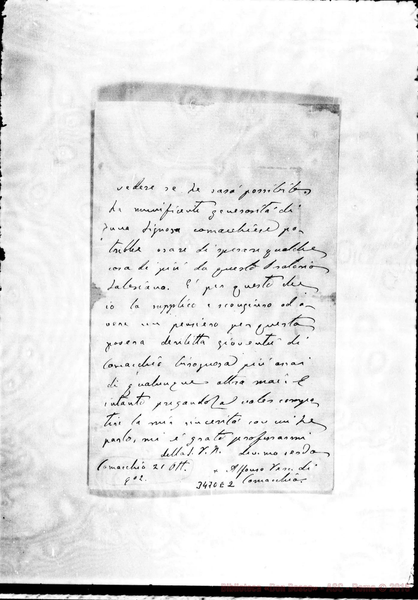 Fotogramma E 2 — Alfonso Archi, vesc. aus.-Don Rua. Comacchio, 21-10-1902 Autogr. Rua