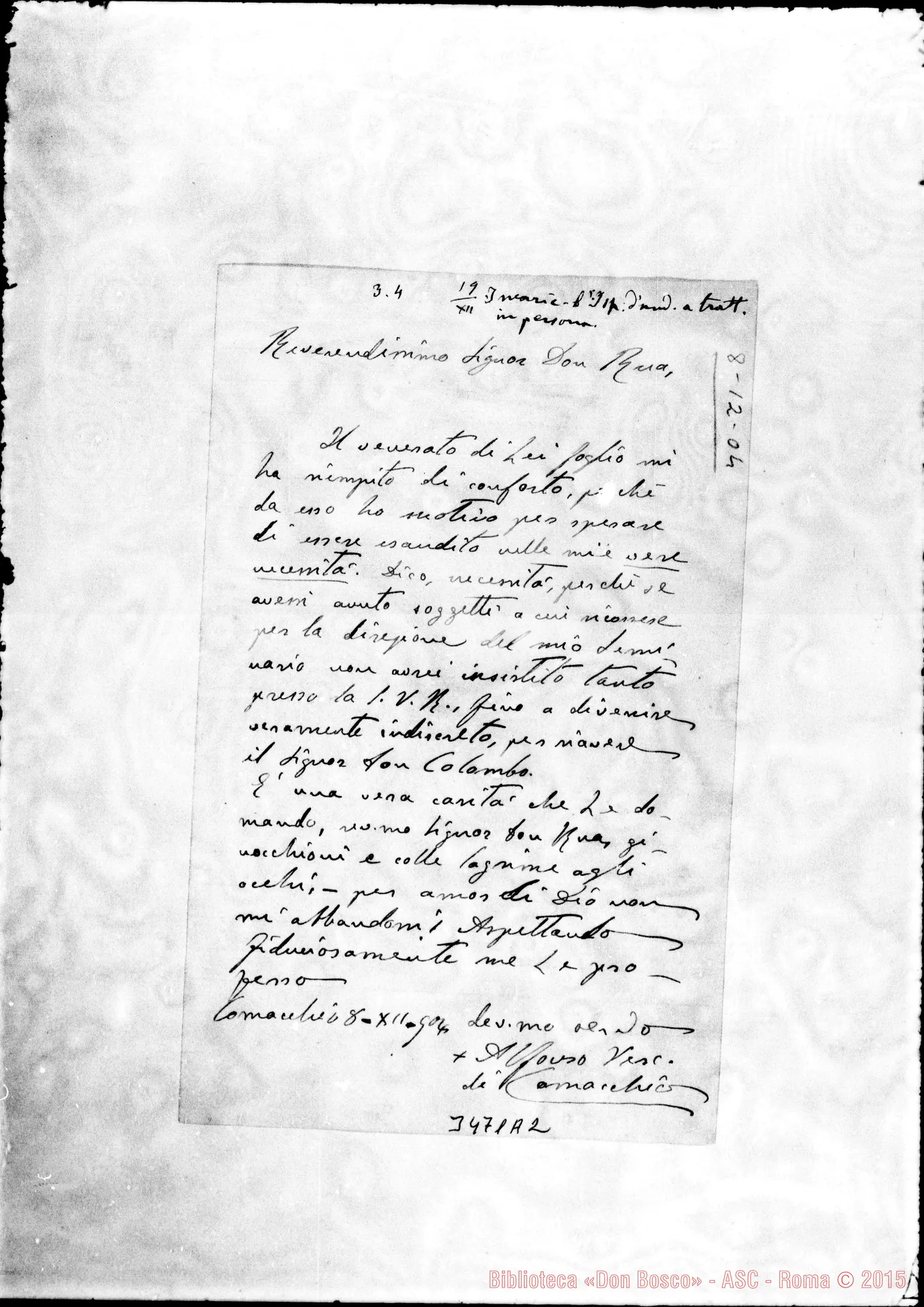 Fotogramma A 2 — Alfonso Archi, vesc.-Don Rua. Comacchio, 8-12-1904 Autogr. Rua