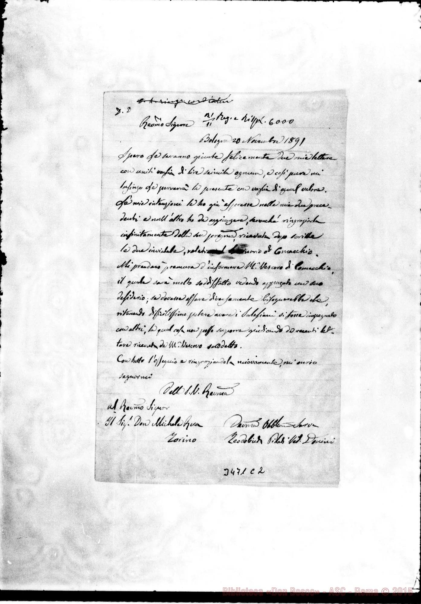 Fotogramma C 2 — Teodolinda Pilati, ved. Donini-Don Rua. Bologna, 20-11-1891 Autogr. Rua