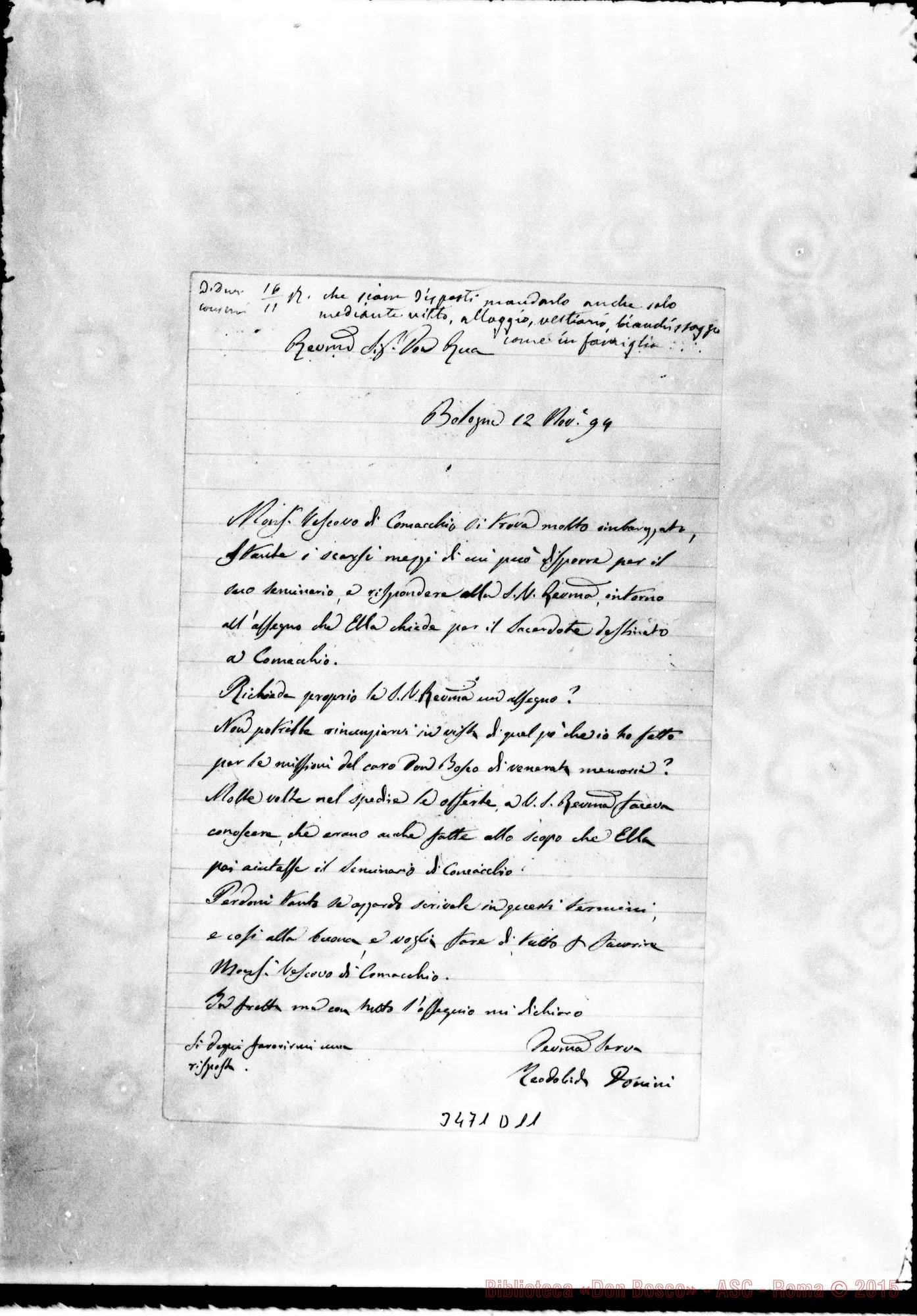 Fotogramma D 11 — Teodolinda Pilati, ved. Donini-Don Rua. Bologna, 12-11-1894 Autogr. Rua