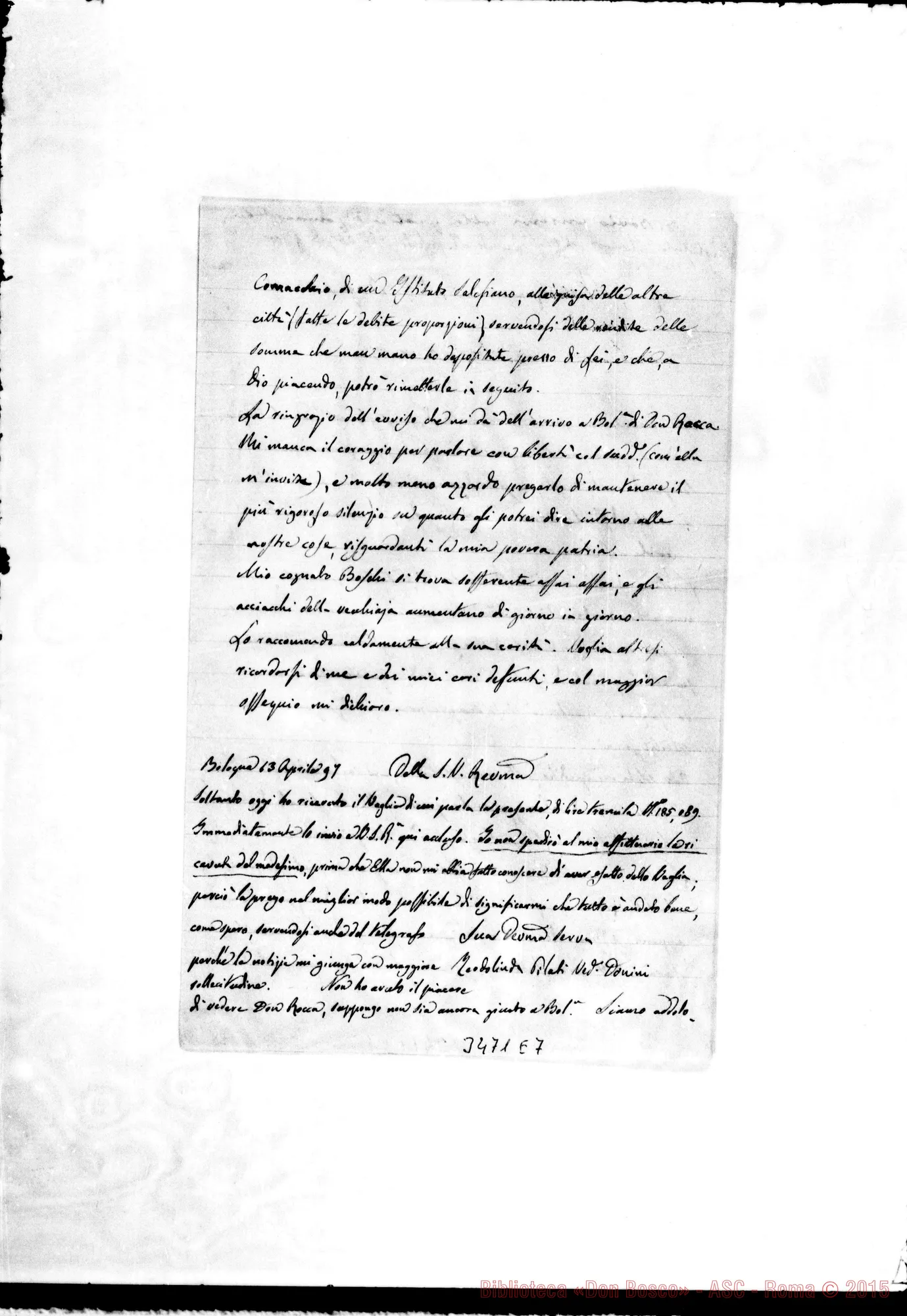 Fotogramma E 7 — Teodolinda Pilati-Don Rua. Bologna, 9 E 13 aprile 1897. Autogr. Rua