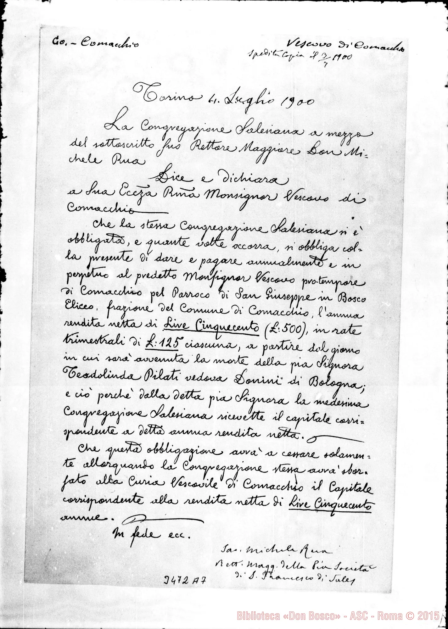 Fotogramma A 7 — Don Rua-Vesc. di Comacchio. Torino, 4-07-1900 Firma autogr. Rua