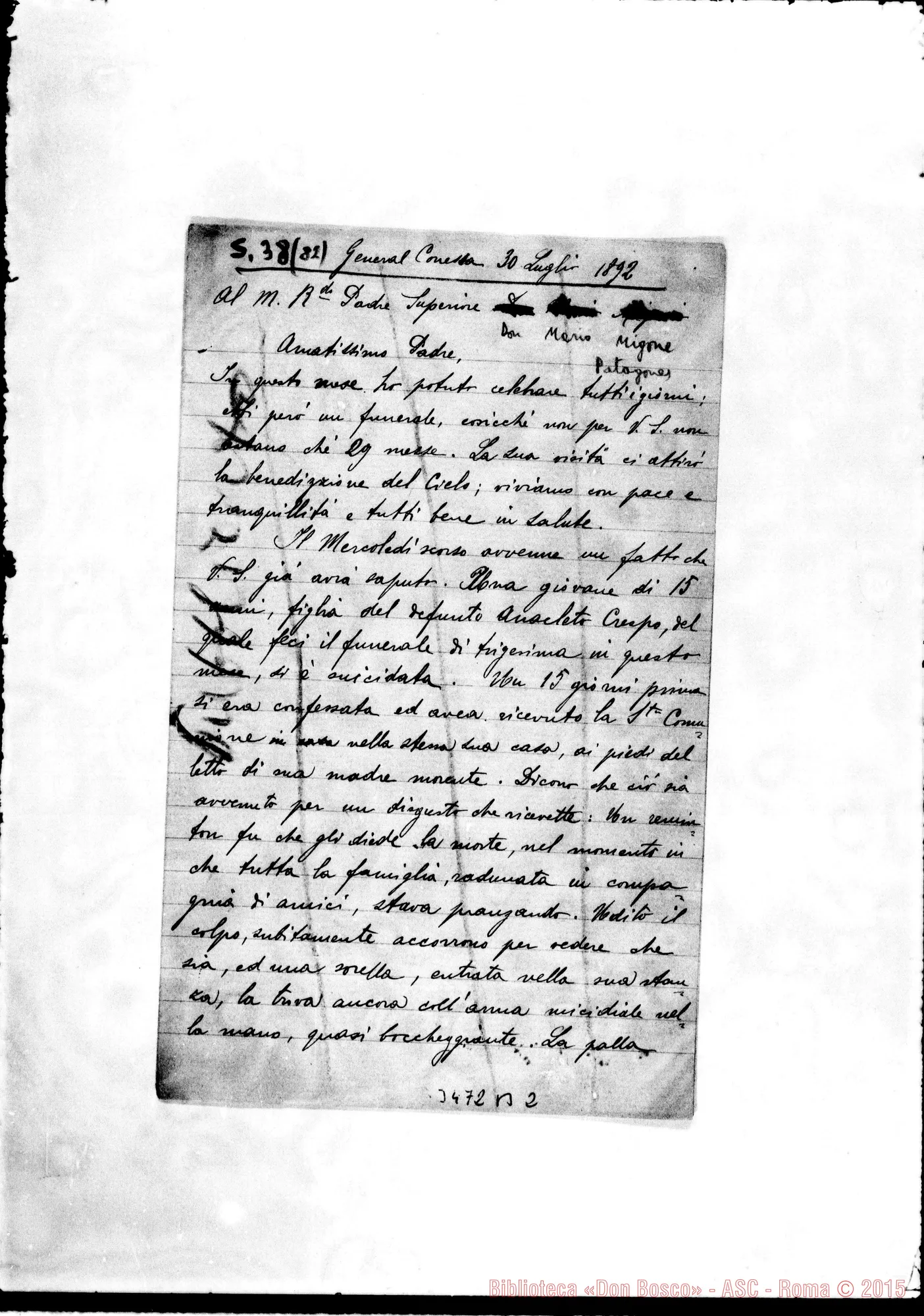 Fotogramma B 2 — Conesa Sud: Don Mario Migone-Padre Superiore. General Conesa, 30-07-1892. Incompleta