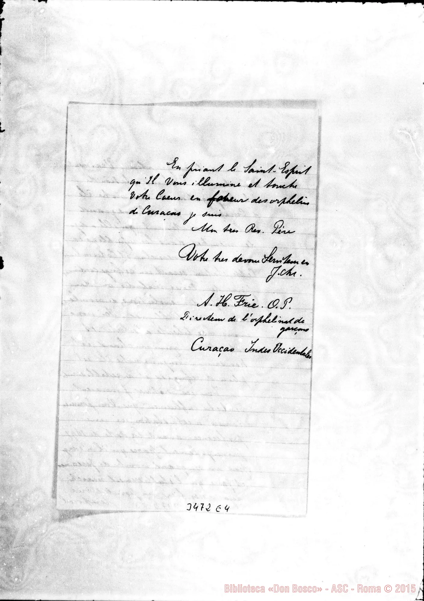 Fotogramma E 4 — A.H. Frie O.P.-Révérend Père. Curaçao, 19-08-1895 Autogr. Rua
