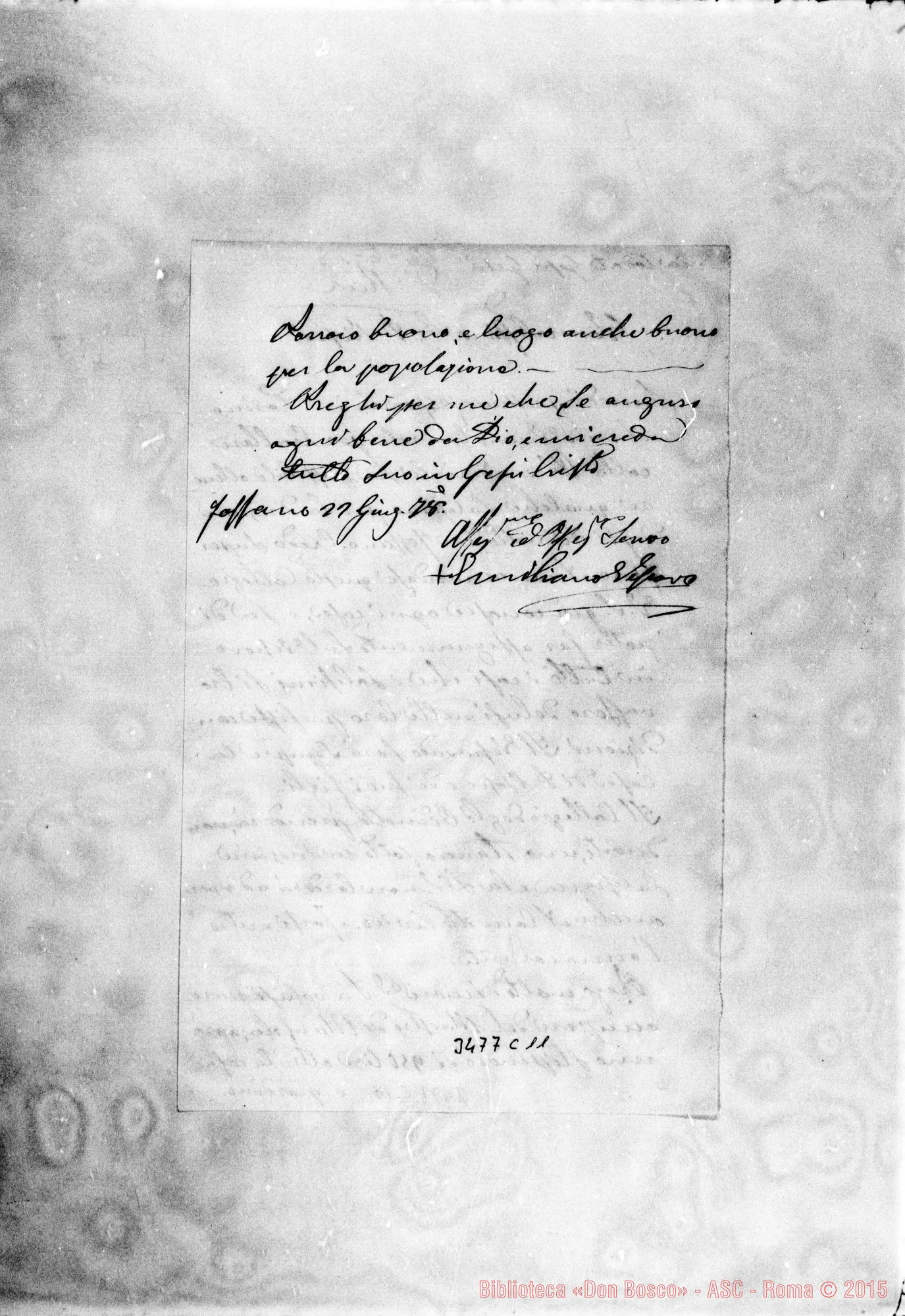 Fotogramma C 11 — Emiliano Manacorda, vesc. Don Bosco. Fossano, 22-06-1878 Autogr. Bosco