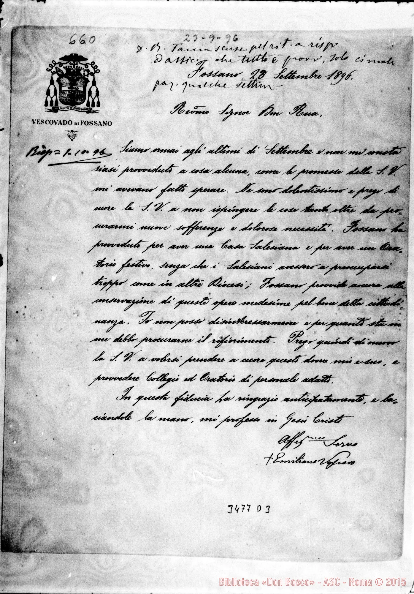 Fotogramma D 3 — Emiliano Manacorda, vesc.-Don Rua. Fossano, 23-09-1896 Autogr. Rua