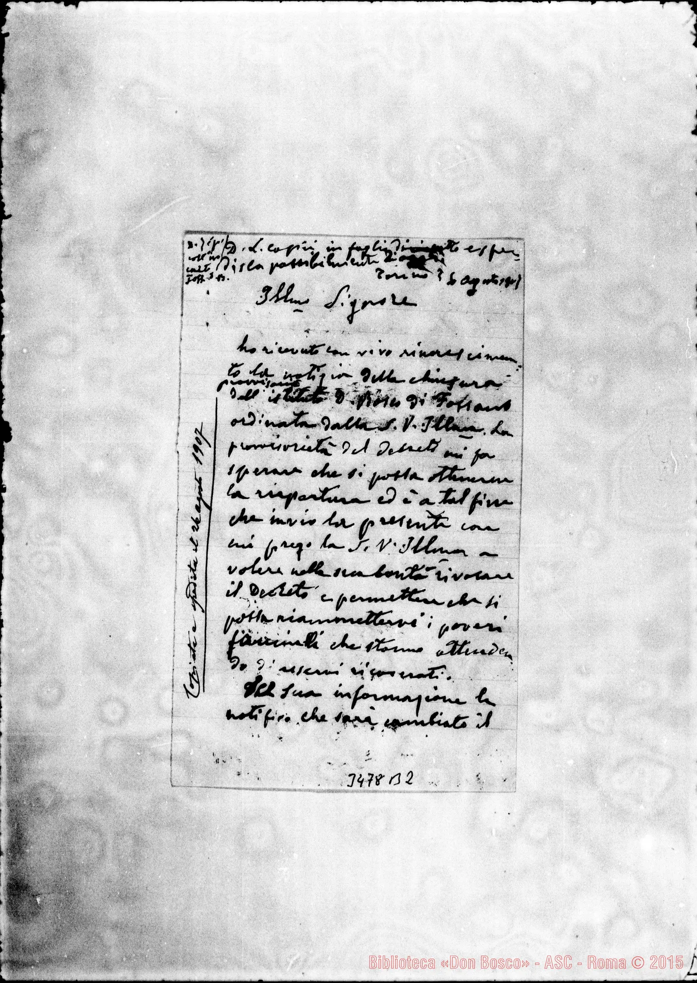 Fotogramma B 2 — Don Rua-Prefetto di Cuneo. Torino, 26-08-1907 Ms. autogr. Rua