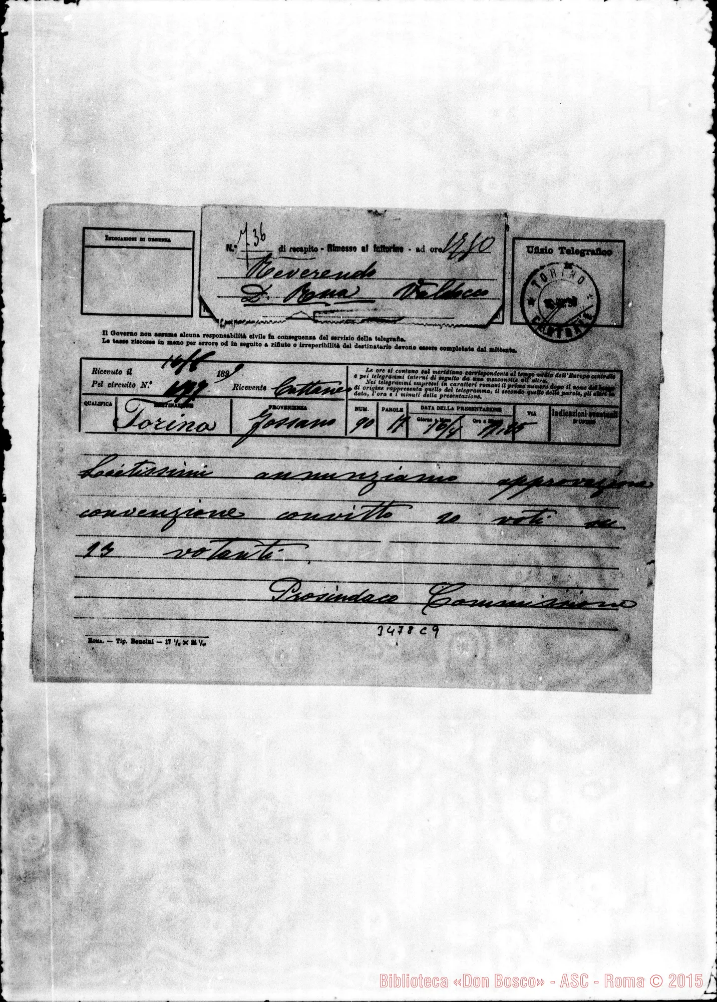 Fotogramma C 9 — Prosindaco Commissione-Don Rua. Fossano, 16-08-1899 Telegramma