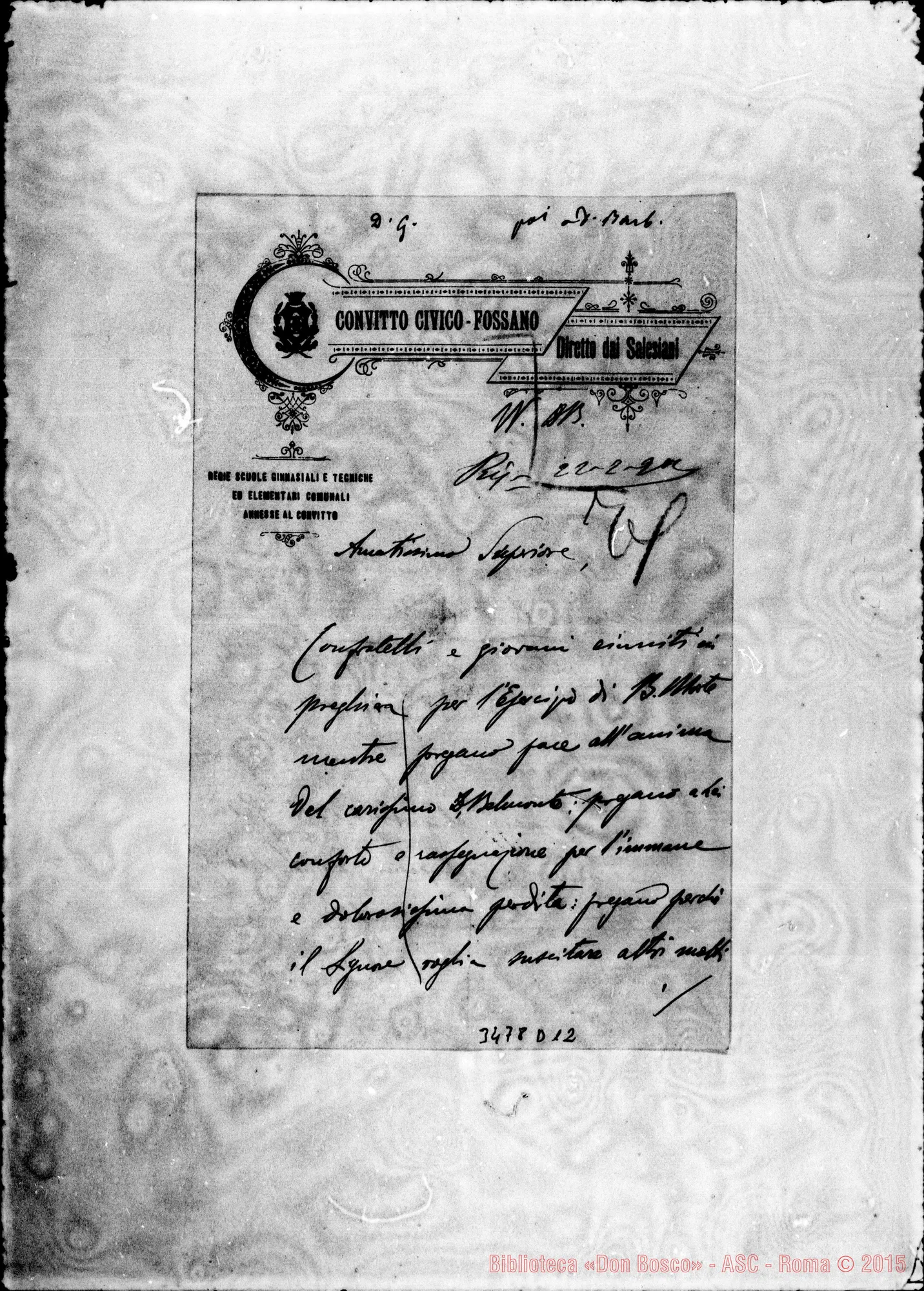 Fotogramma D 12 — Don Domenico Finco-Amatissimo Superiore, il 22-02-1901 Autogr. Rua