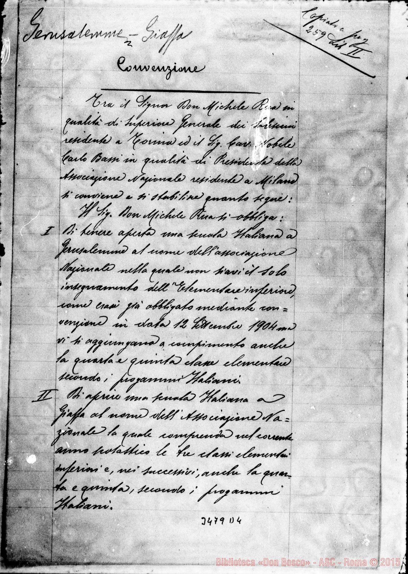 Fotogramma D 4 — Convenzione tra Don Rua ed il Cav. Bassi. 10-10-1907 Firma autogr. Rua