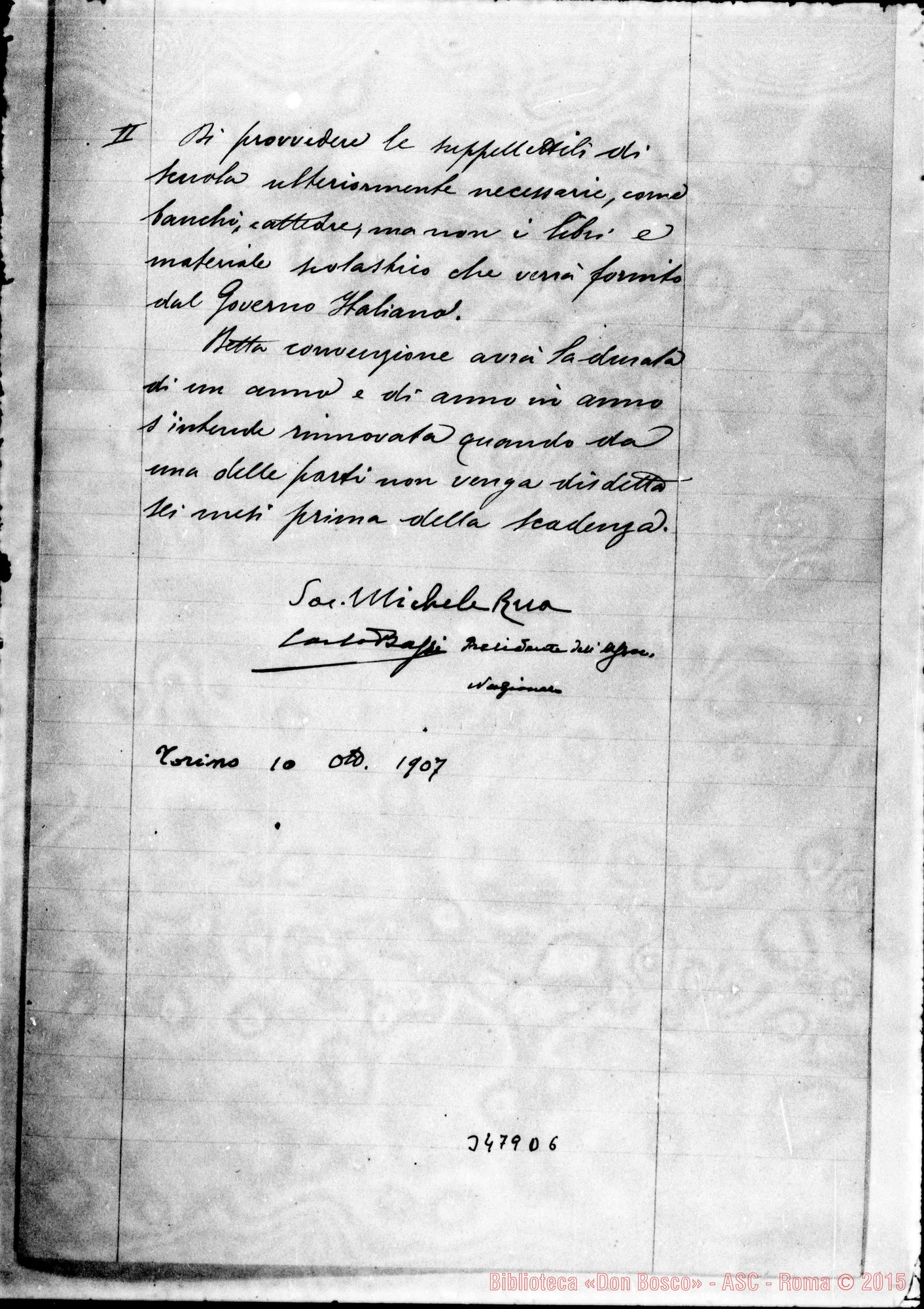 Fotogramma D 6 — Convenzione tra Don Rua ed il Cav. Bassi. 10-10-1907 Firma autogr. Rua
