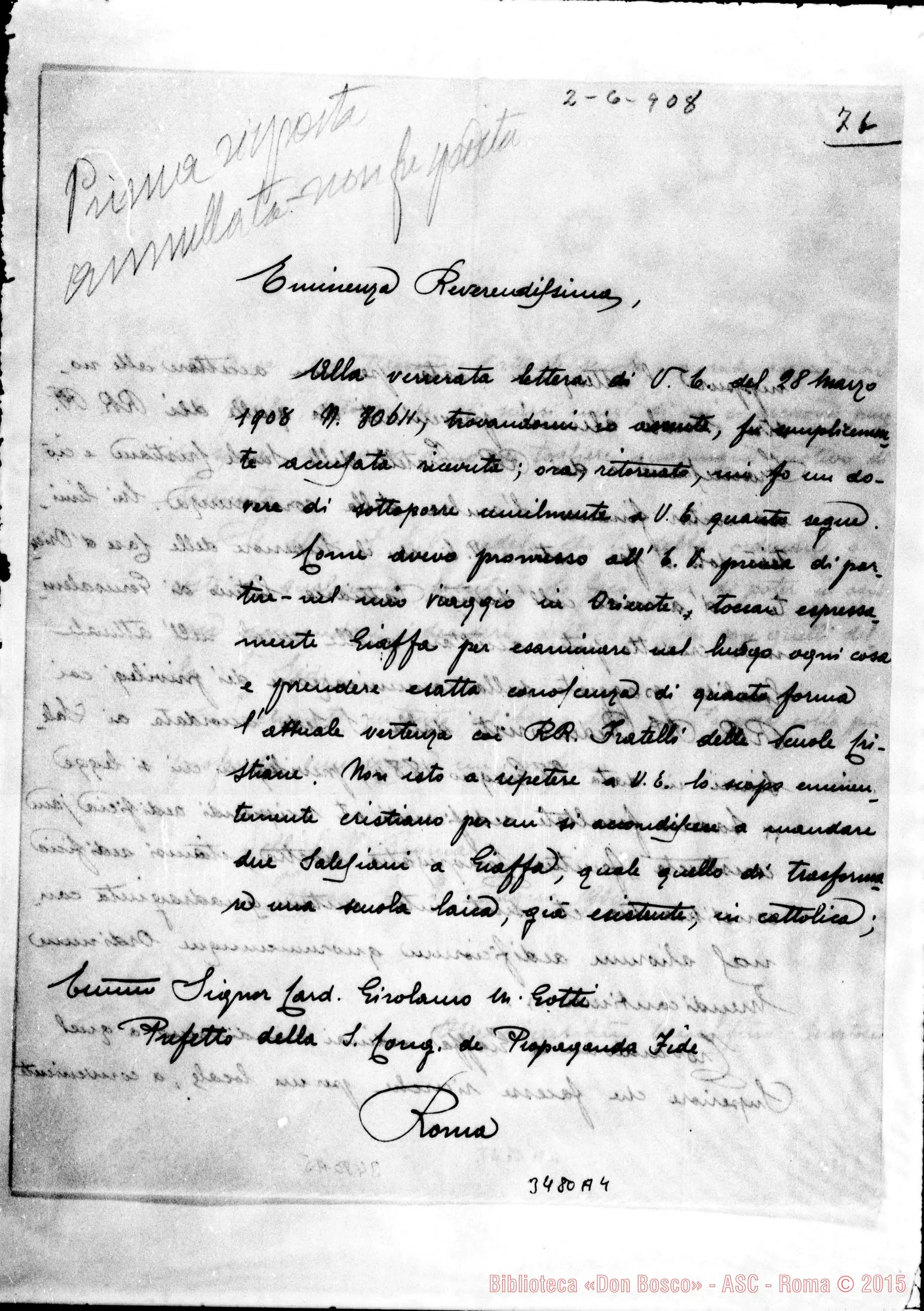 Fotogramma A 4 — Copia pulita al Card. Gotti. Torino, 2-06-1908