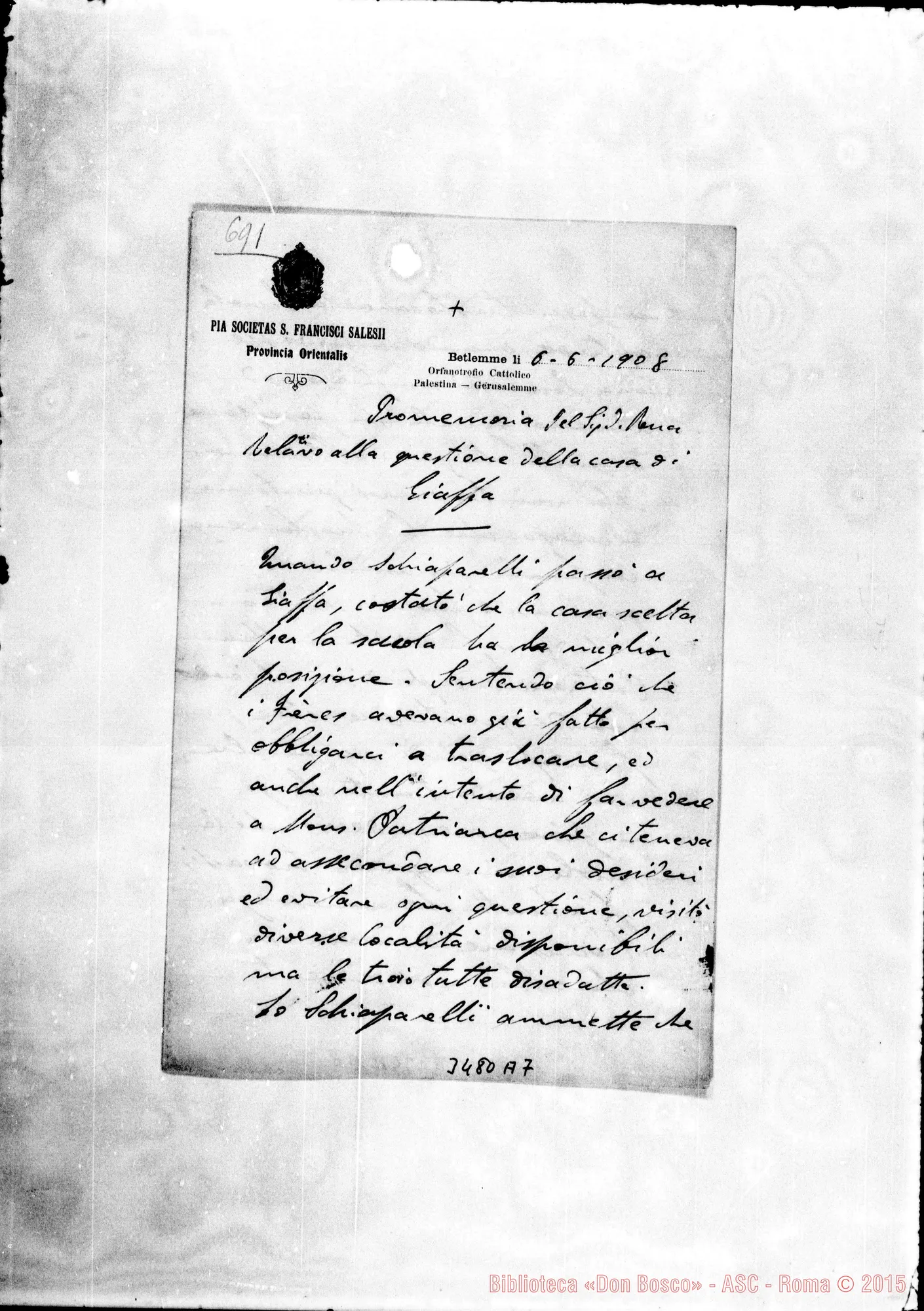 Fotogramma A 7 — Don Cardano: Promemoria A Don Rua su Giaffa. Betlemme, 6-06-1908