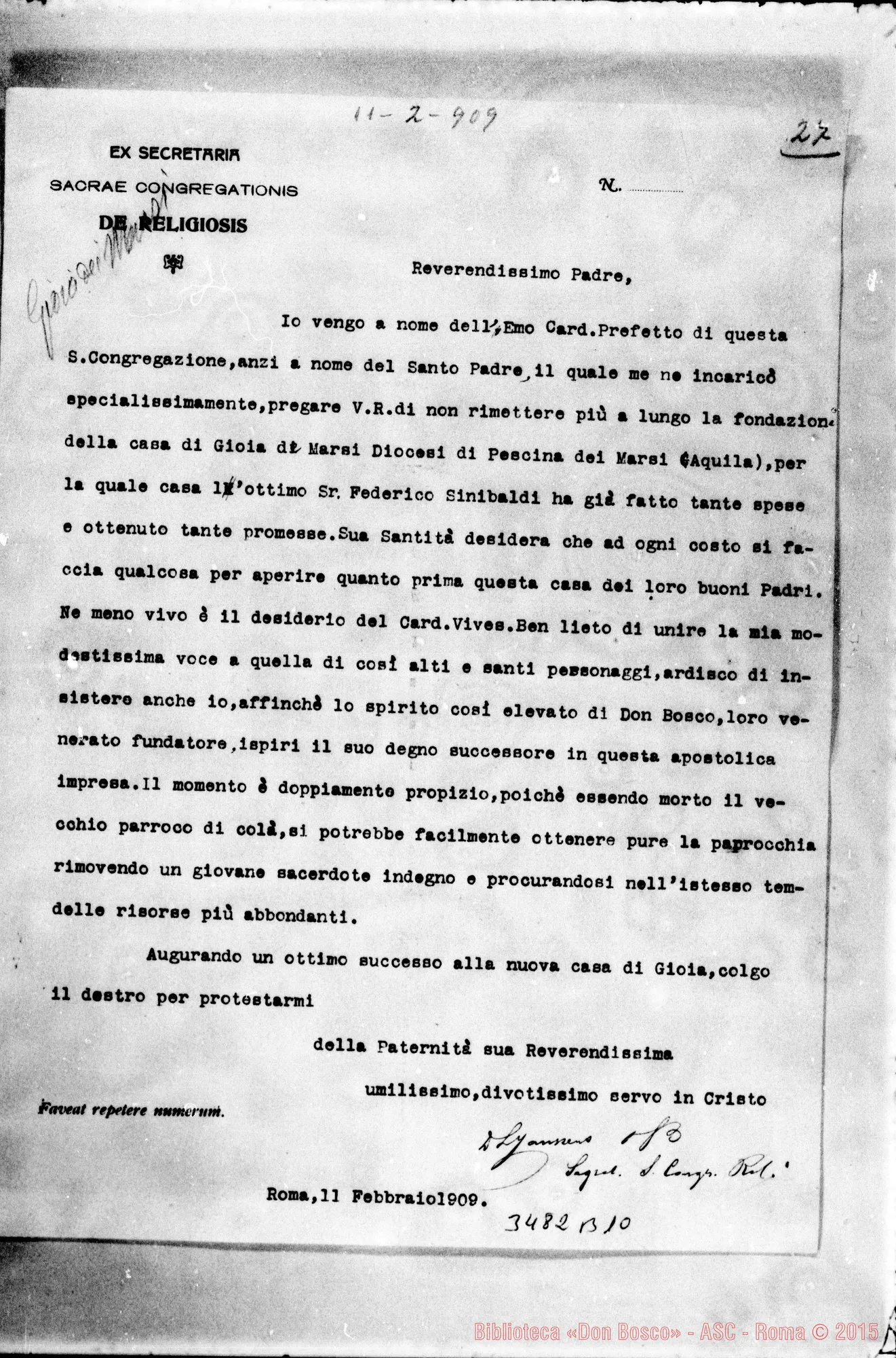 Fotogramma B 10 — Dalla Segreteria De Religiosis-Rev.mo Padre. Roma, 11-02-1909