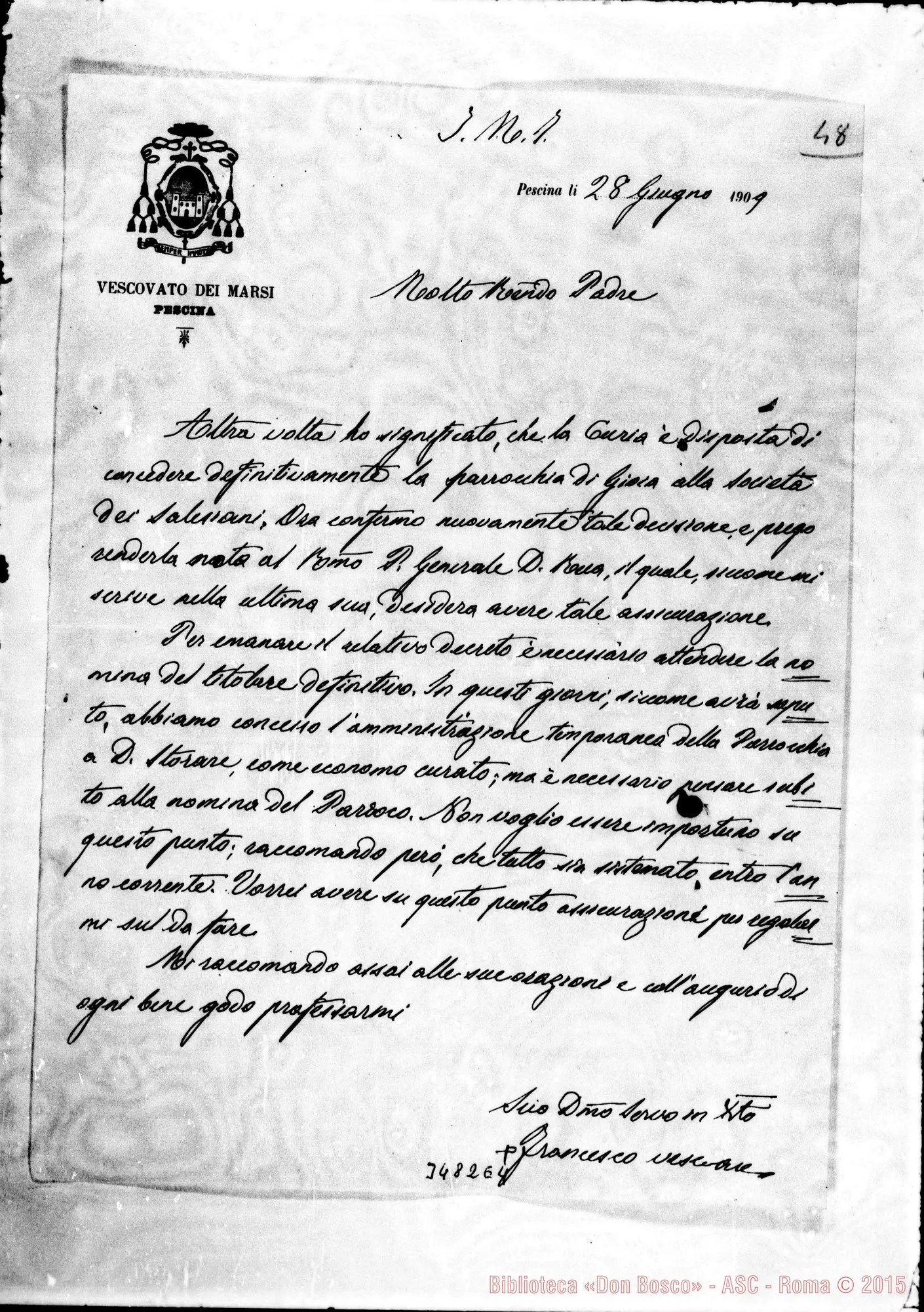 Fotogramma E 4 — Francesco Giacci, vesc.-Rev.do Padre. Pescina, 28-06-1909