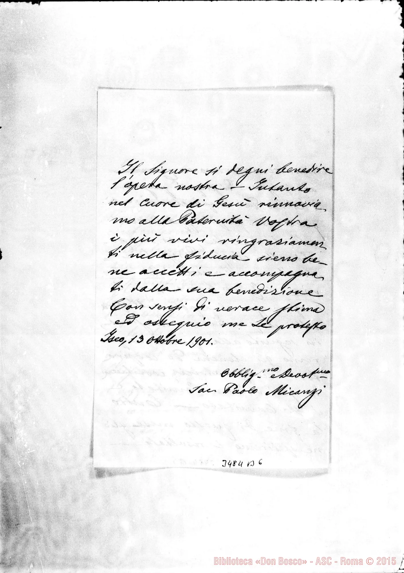 Fotogramma B 6 — Don Paolo Micanzi-Don Rua. Iseo, 13-10-1901 Autogr. Rua
