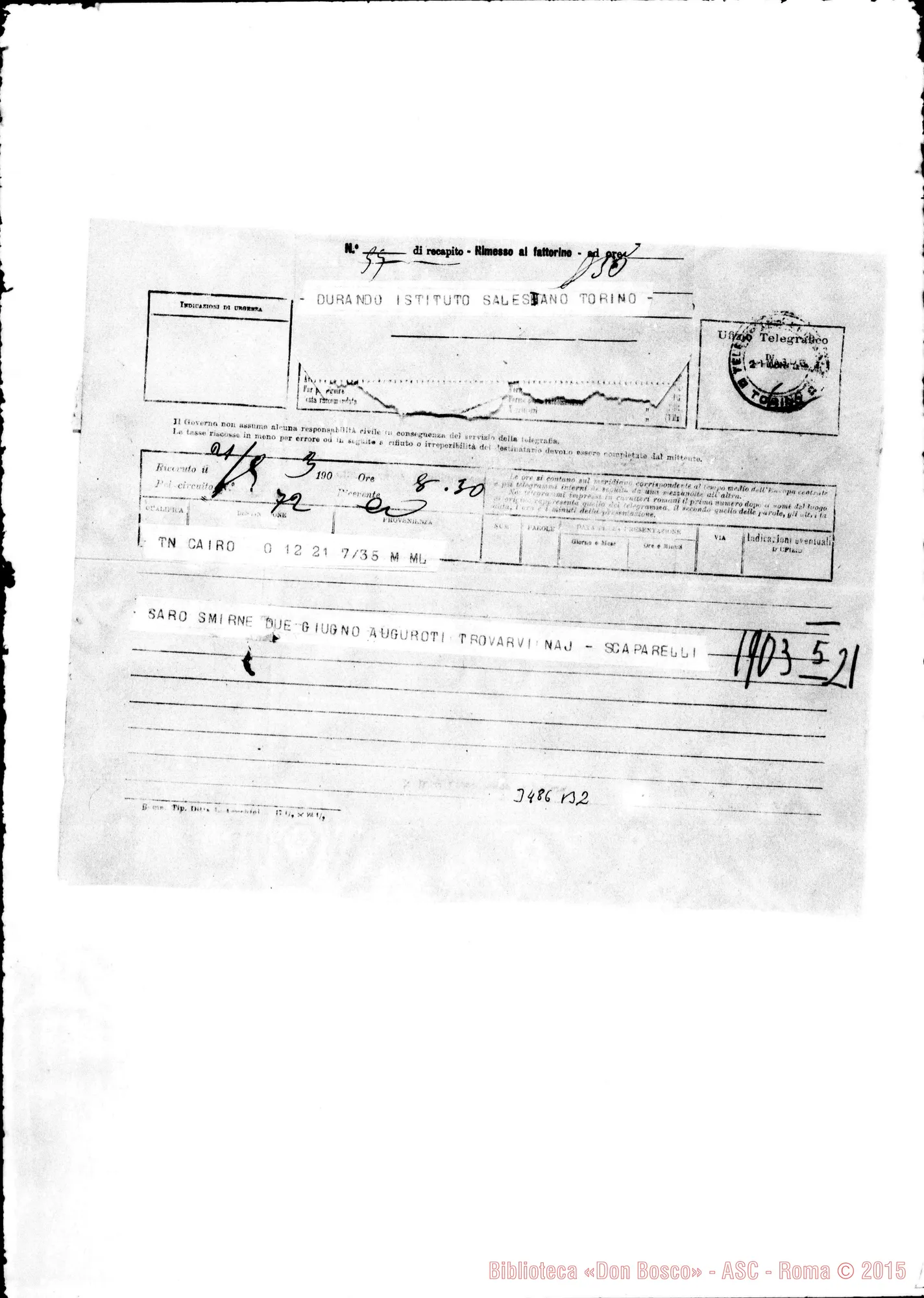 Fotogramma B 2 — Don Schiaparelli-Don Durando. Il Cairo, 21-05-1903 Telegramma