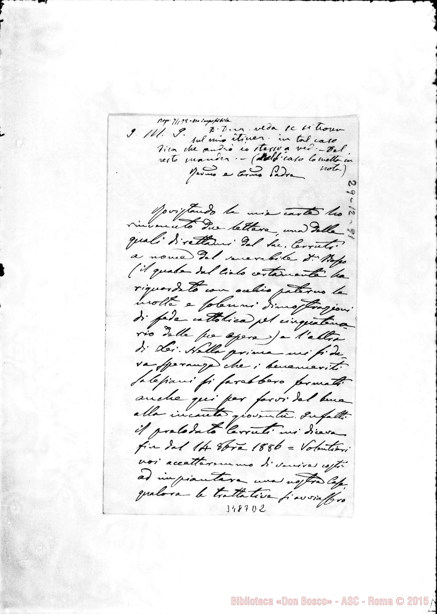Fotogramma D 2 — Can. Alessandro Bosi-Car.mo Padre. Jesi, 29-12-1891. Autogr. Rua