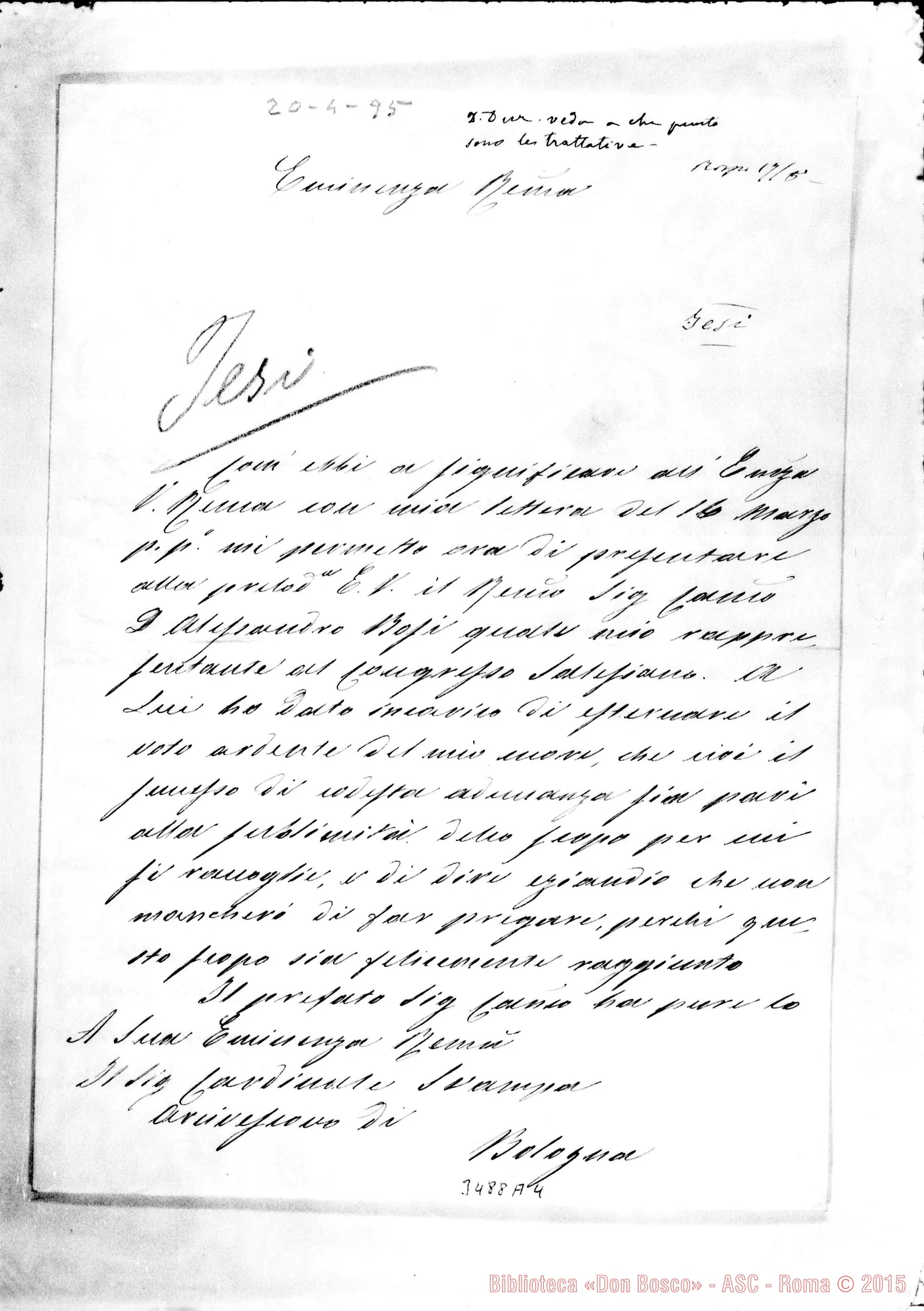 Fotogramma A 4 — Aurelio Zonghi, vesc.-Card. Svampa. Jesi, 20-04-1895 Autogr. Rua