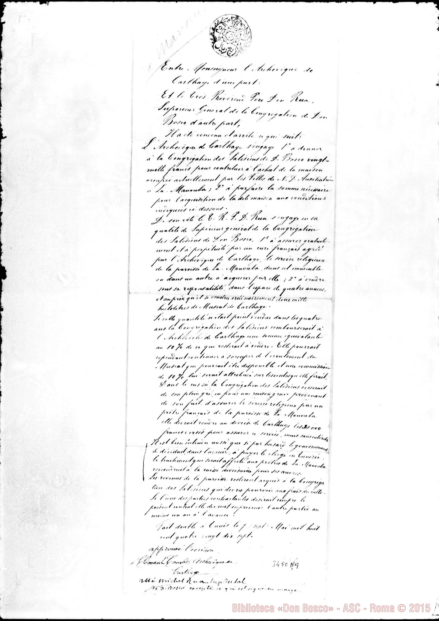 Fotogramma D 9 — Convenzioni tra l’arcivescovo di Cartago E Don Rua. Firma autogr. Rua