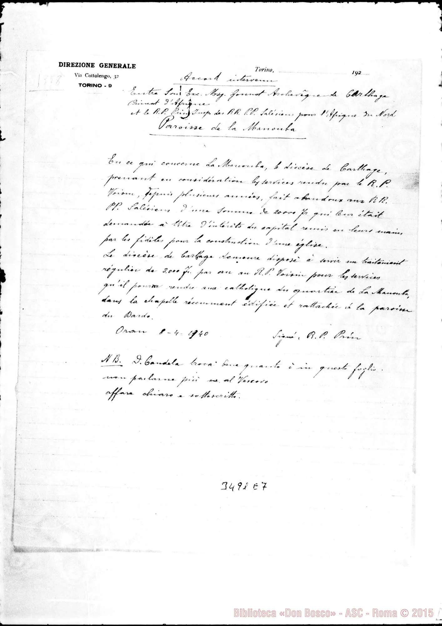 Fotogramma E 7 — Convenzione dei Salesiani con l’arciv. di Cartago.