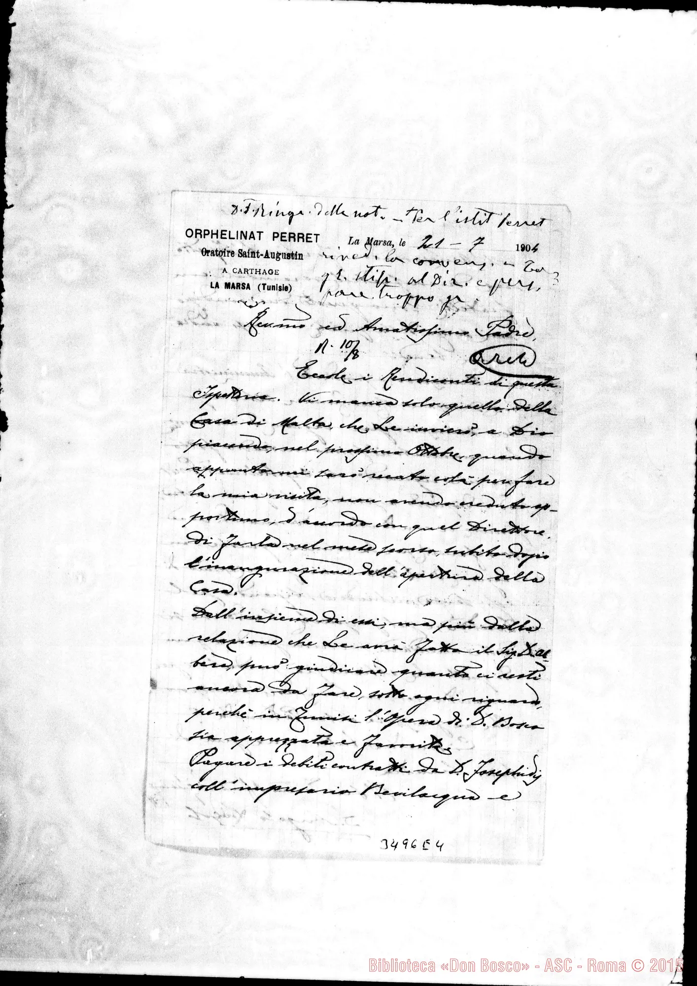 Fotogramma E 4 — Don Angelo Lovisolo-Amat.mo Padre. La Marsa, 21-07-1904 Autogr. Rua
