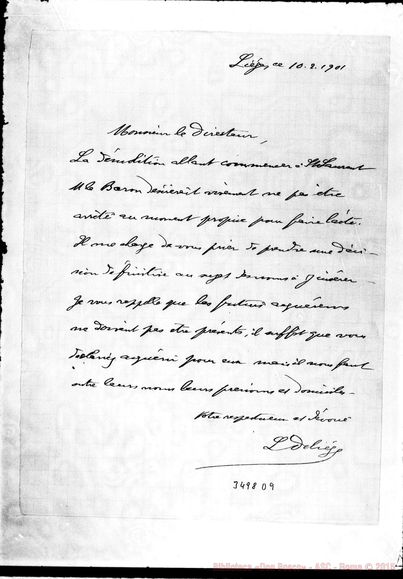 Fotogramma D 9 — Avv. Deliége-Monsieur le Directeur. Liége, 10-02-1901