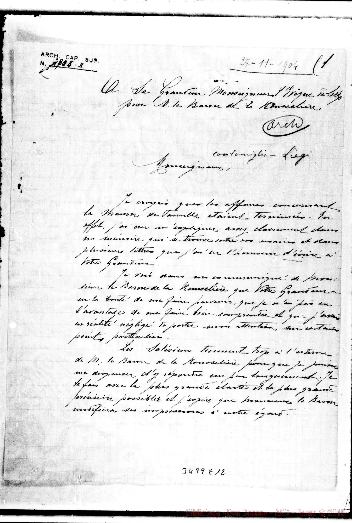 Fotogramma E 12 — Don Scaloni-Vescovo di Liége, il 27-11-1904 Autogr. Rinaldi