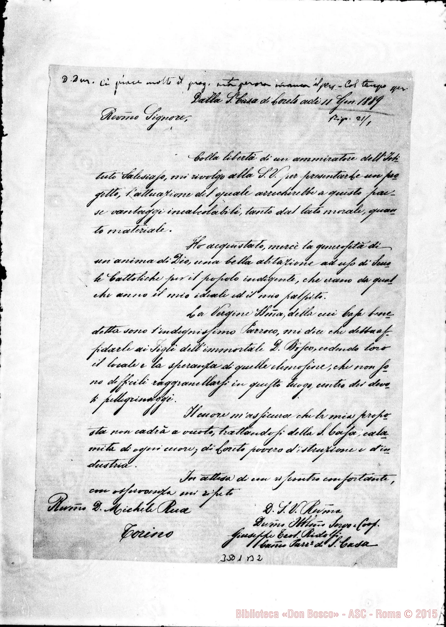 Fotogramma B 2 — Loreto: Can. Giuseppe Ridolfi-Don Rua. Loreto, 11-01-1889 Autogr. Rua
