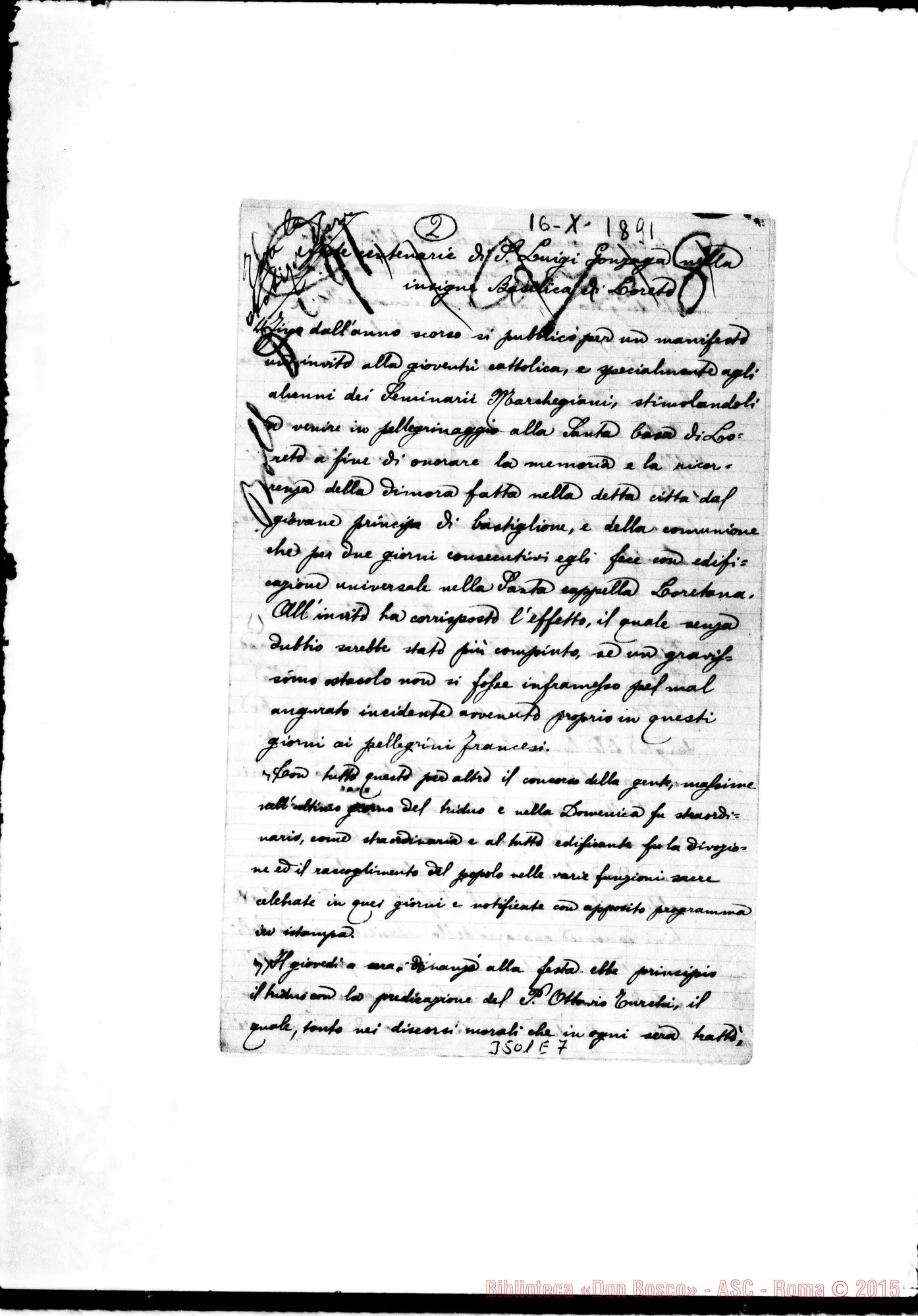 Fotogramma E 7 — Don Giordano Pietro-Don Cerruti. Loreto, 16-10-1891. All. relazione festa S. Luigi