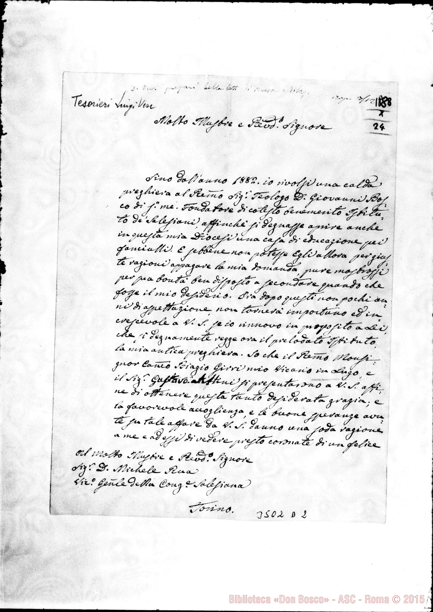 Fotogramma D 2 — Lugo: Luigi Tesorieri, vesc. di Imola-Don Rua, il 24-10-1888 Autogr. Rua