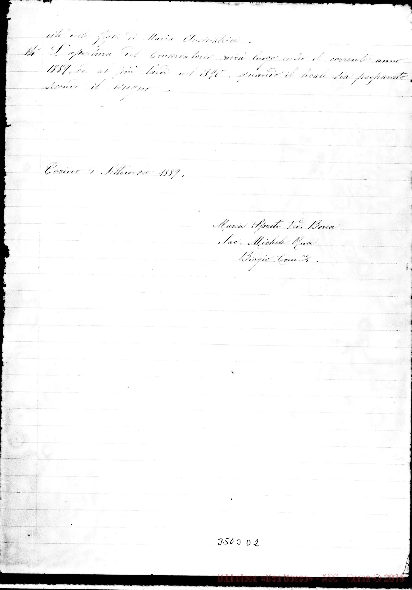 Fotogramma D 2 — Convenzione: Maria Spreti E le suore F.M.A. Torino, 6-09-1889
