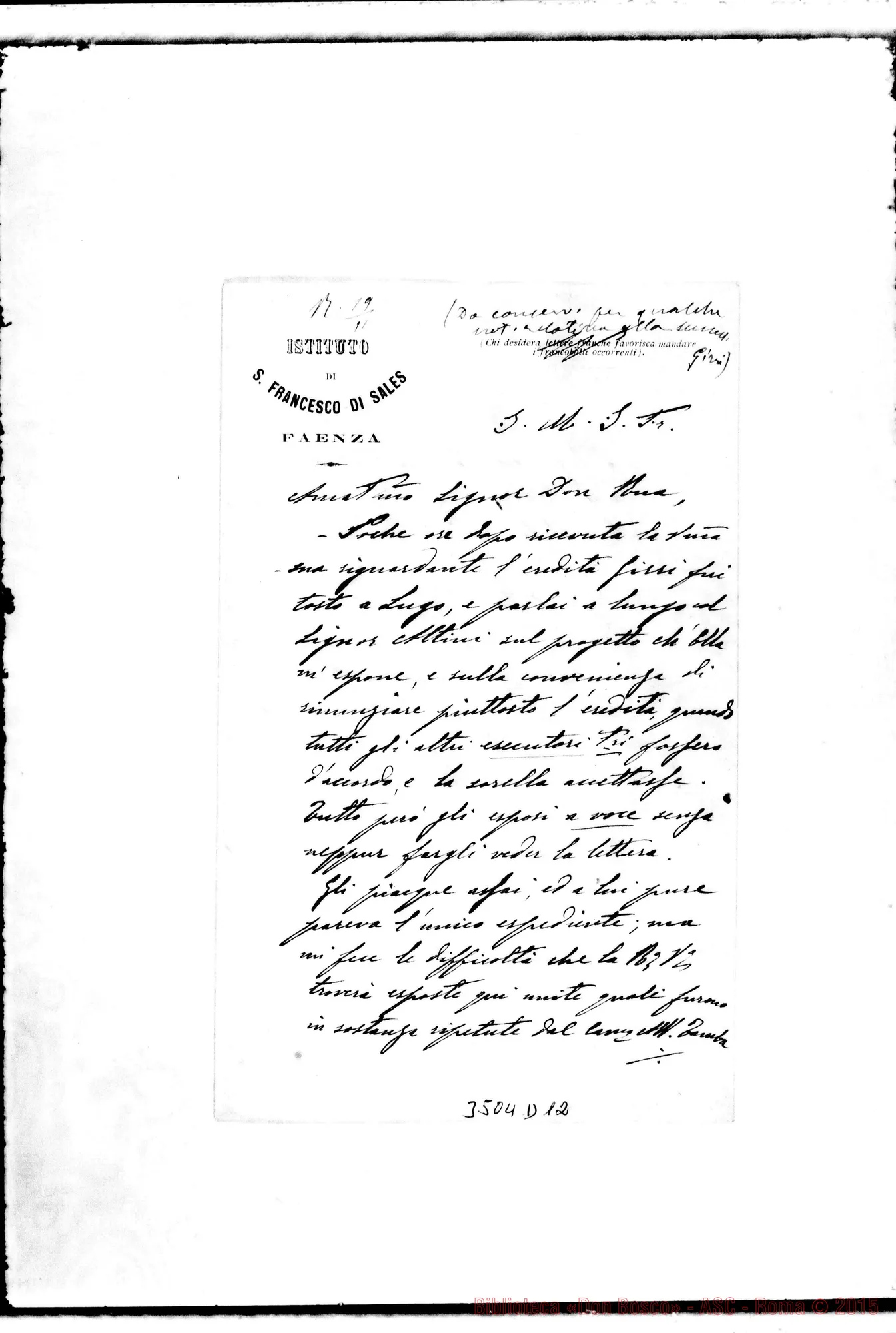 Fotogramma D 12 — Don Giov. Batt. Rinaldi-Don Rua. Faenza, 17-11-1891 Autogr. Rua