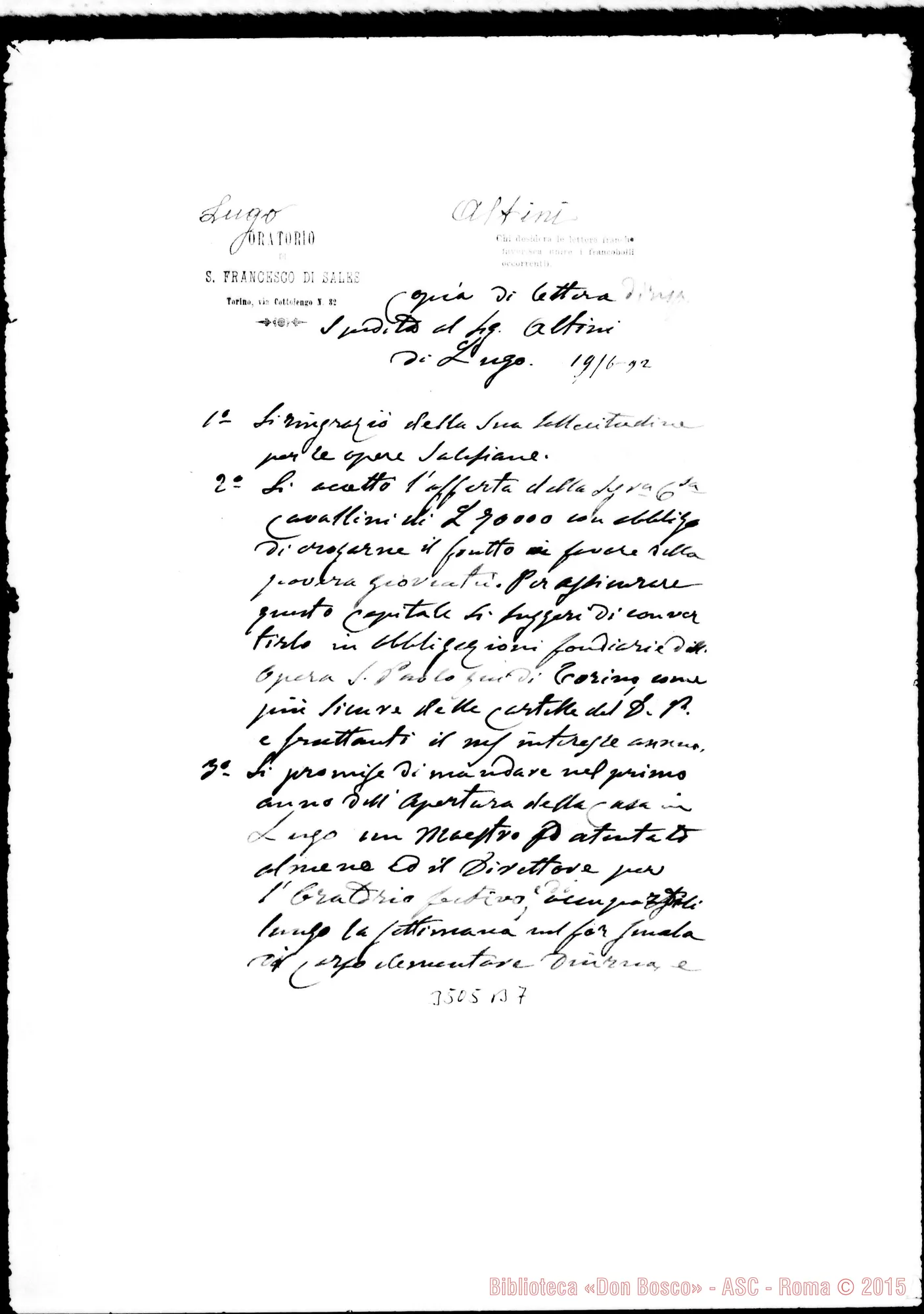 Fotogramma B 7 — Lettera al Sig. Altini. Torino, 19-06-1892 Copia