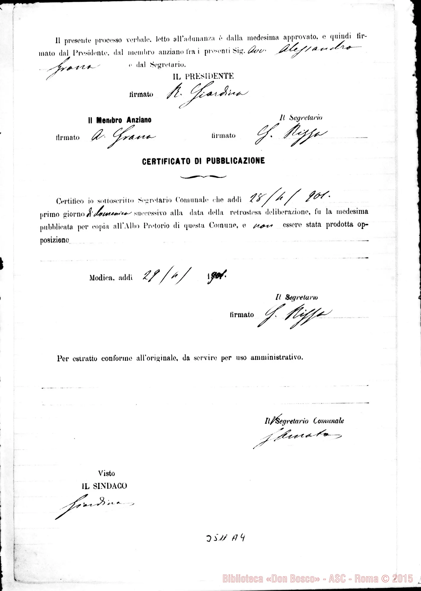 Fotogramma A 4 — Processo Verbale di Deliberazione. Modica, 29-04-1901