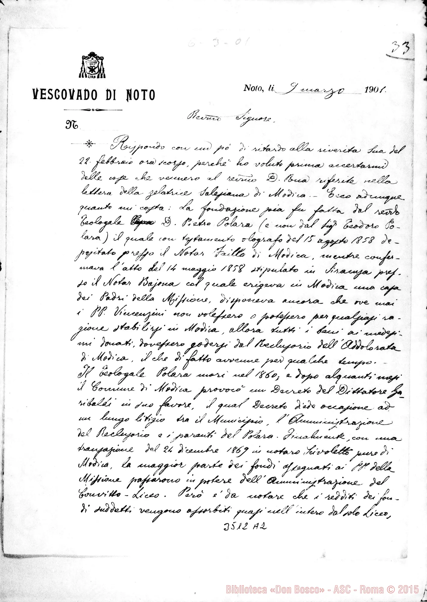 Fotogramma A 2 — Giovanni Blandini, vesc.-Rev.mo Sig. Noto, 9-03-1901