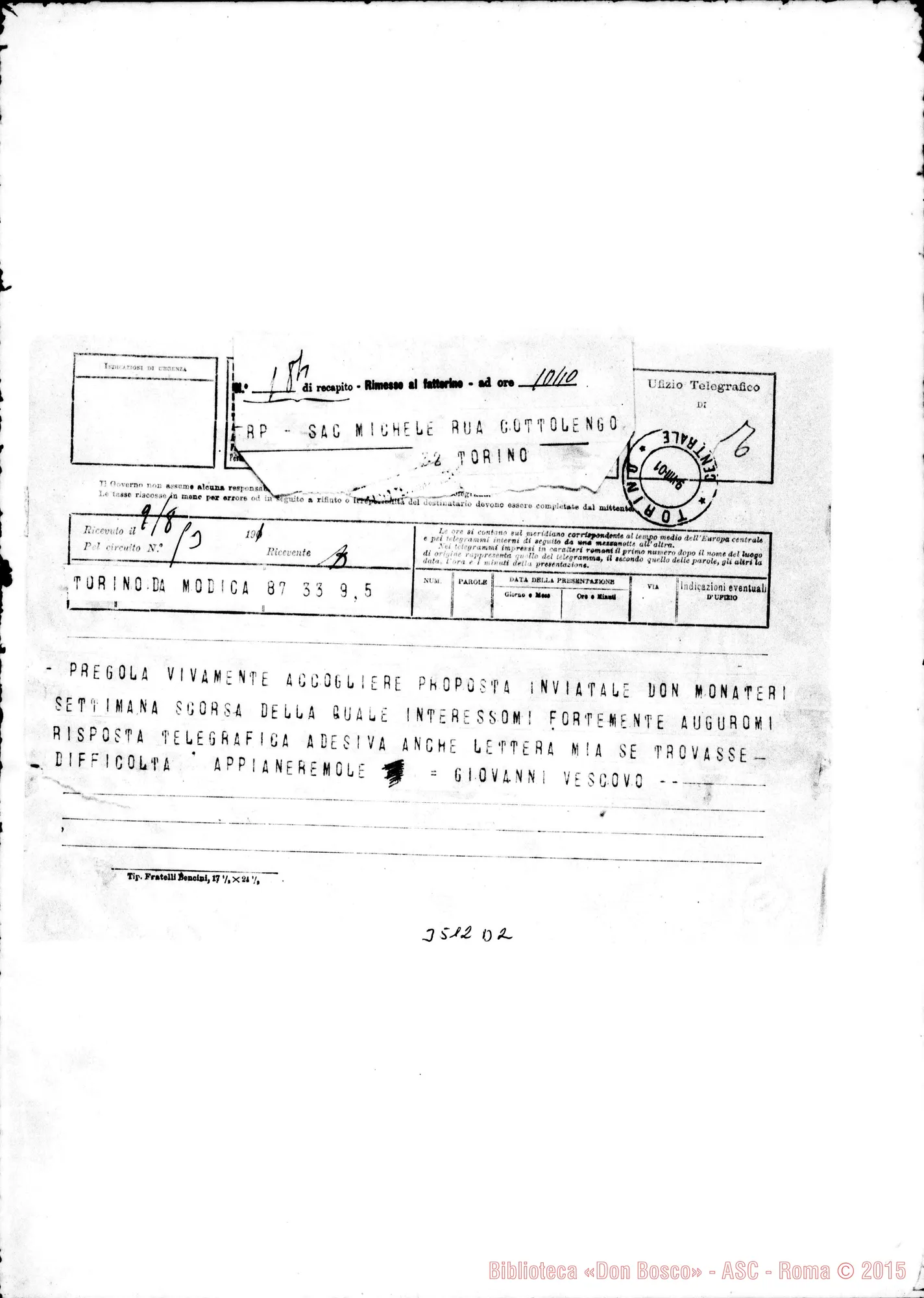 Fotogramma D 2 — Giovanni Blandini, vesc.-Don Rua. Modica, 9-08-1901 Telegramma
