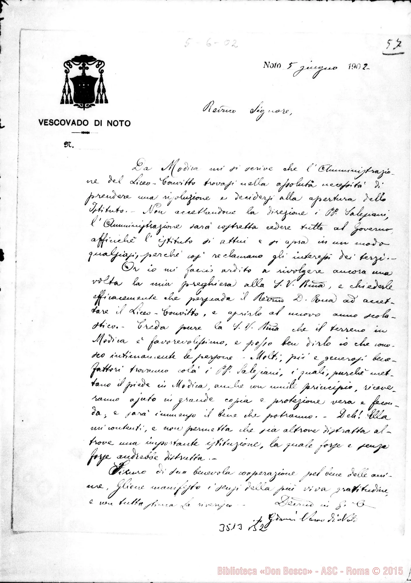 Fotogramma B 2 — Giovanni Blandini, vesc.-Rev.mo Sig. Noto, 5-06-1902