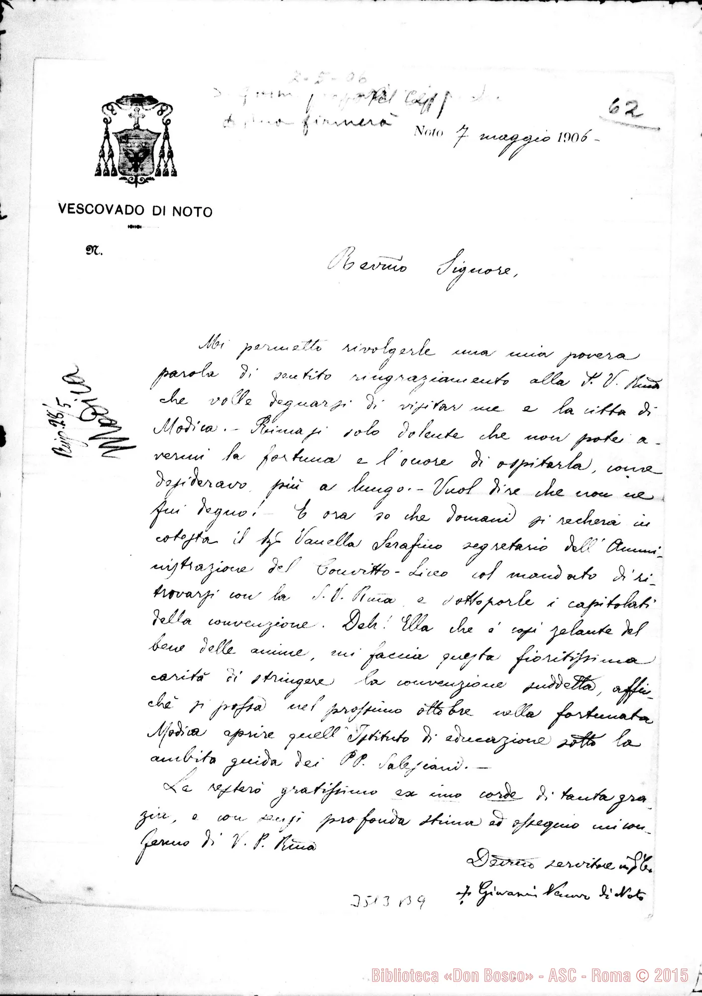 Fotogramma B 9 — Giovanni Blandini, vesc.-Rev.ino Sig. Noto, 7-05-1906 Autogr. Rua