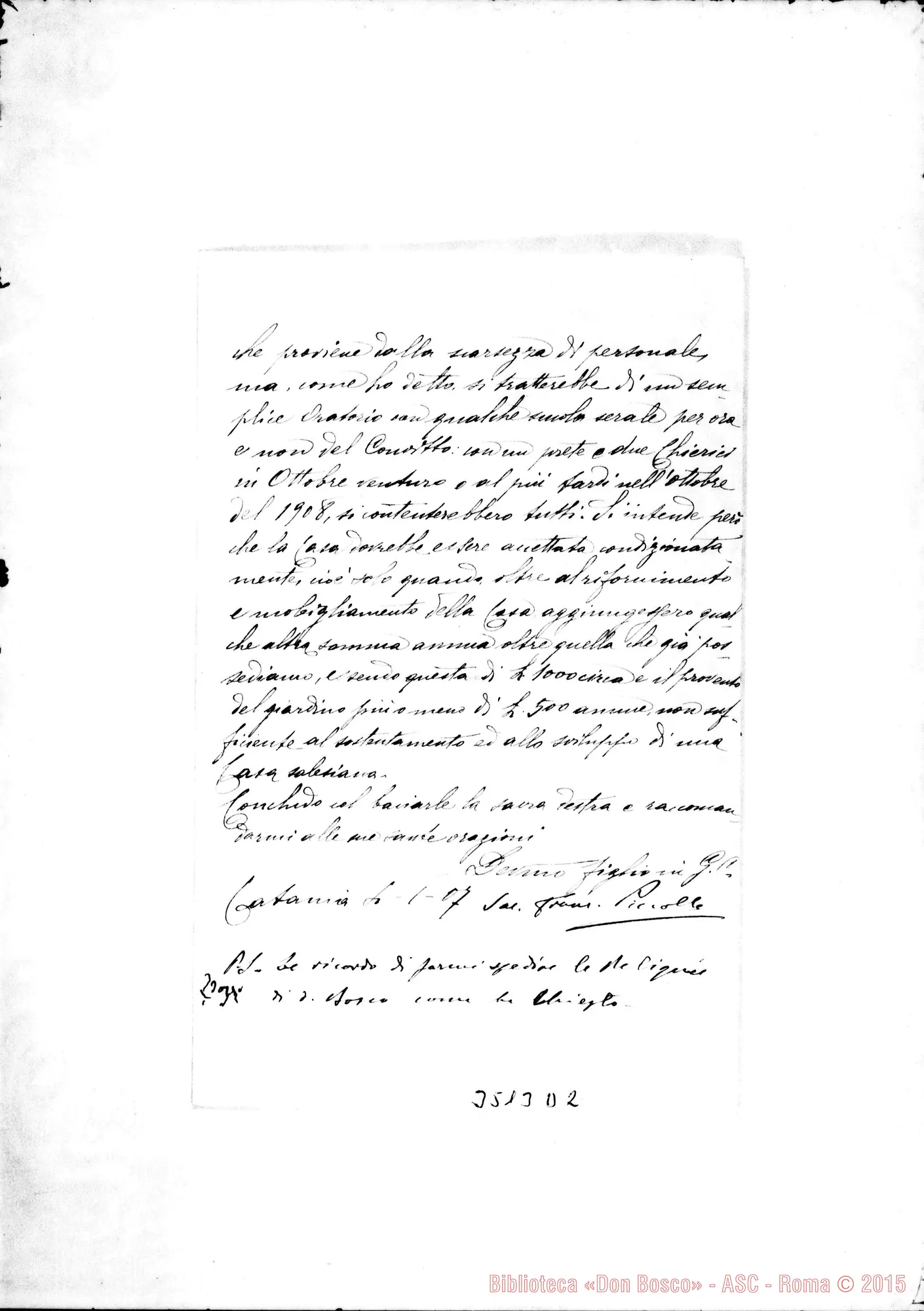 Fotogramma D 2 — Don Francesco Piccollo-Rev.mo Padre. Catania, 4-01-1907 Autogr. Rinaldi