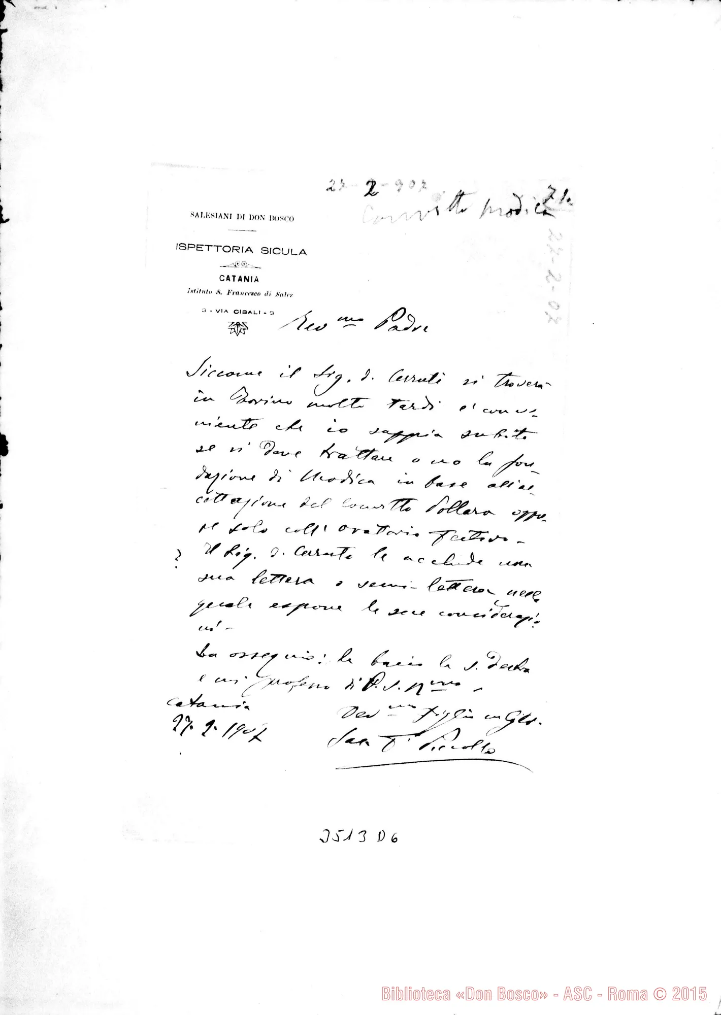 Fotogramma D 6 — Don Piccollo-Rev.mo Padre. Catania, 27-02-1907